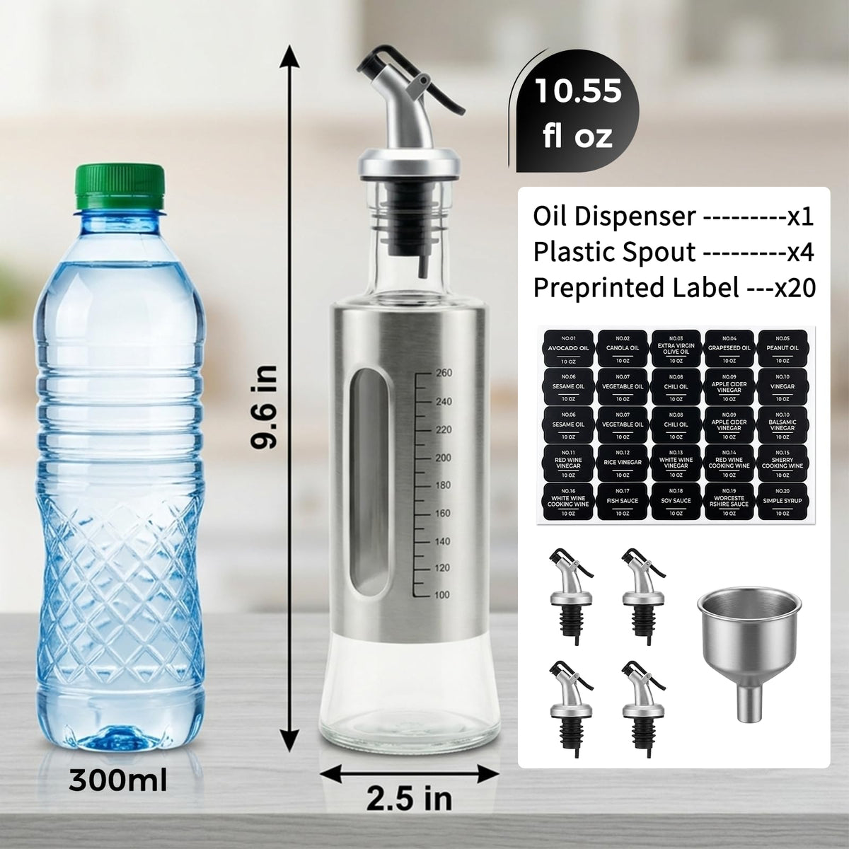 LIONTOTO Olive Oil Dispenser for Kitchen, 4 Pack 10oz/300 ML Cooking Oil and Vinegar Dispenser Set with 20 Labels Stainless Steel Funnel, Olive Oil Bottle, Soy Sauce Dispenser, Coffee Syrup Bottles