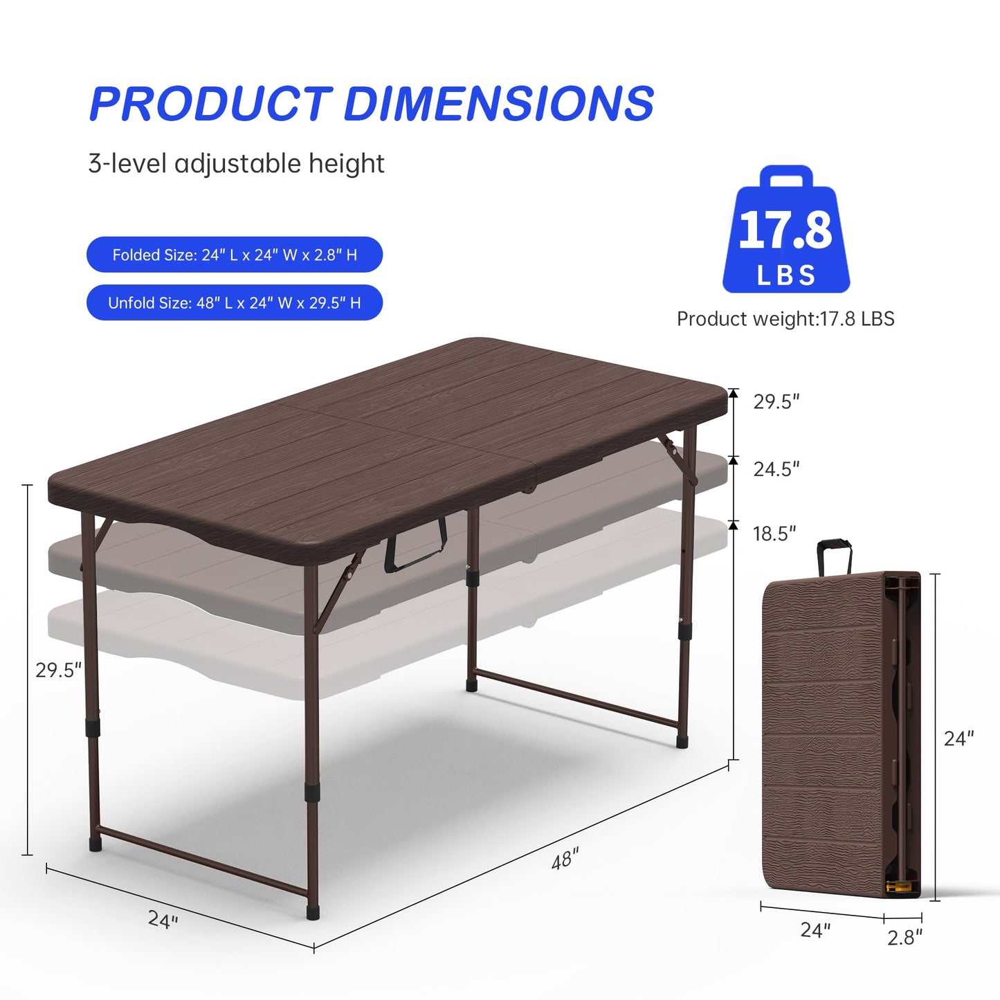 VSOAEIL Set of 2 Folding Table 4 Foot for Indoor Outdoor, Portable Heavy Duty Fold-in-Half Utility Small Plastic Adjustable Height Folding with Carrying Handle for Picnic and Party, 2 Pack Brown