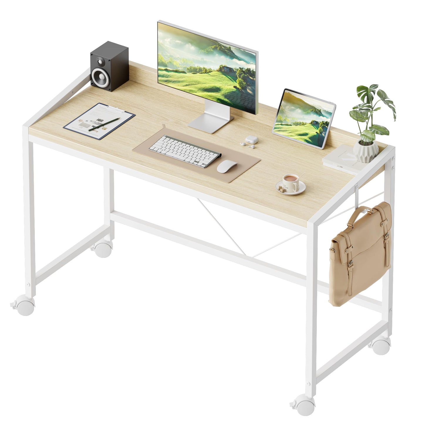 Mericonia 40 inch Rolling Computer Desk with Wheels, Gaming Desk for Small Spaces, Modern Simple Style Table for Home Office, Study Writing Table