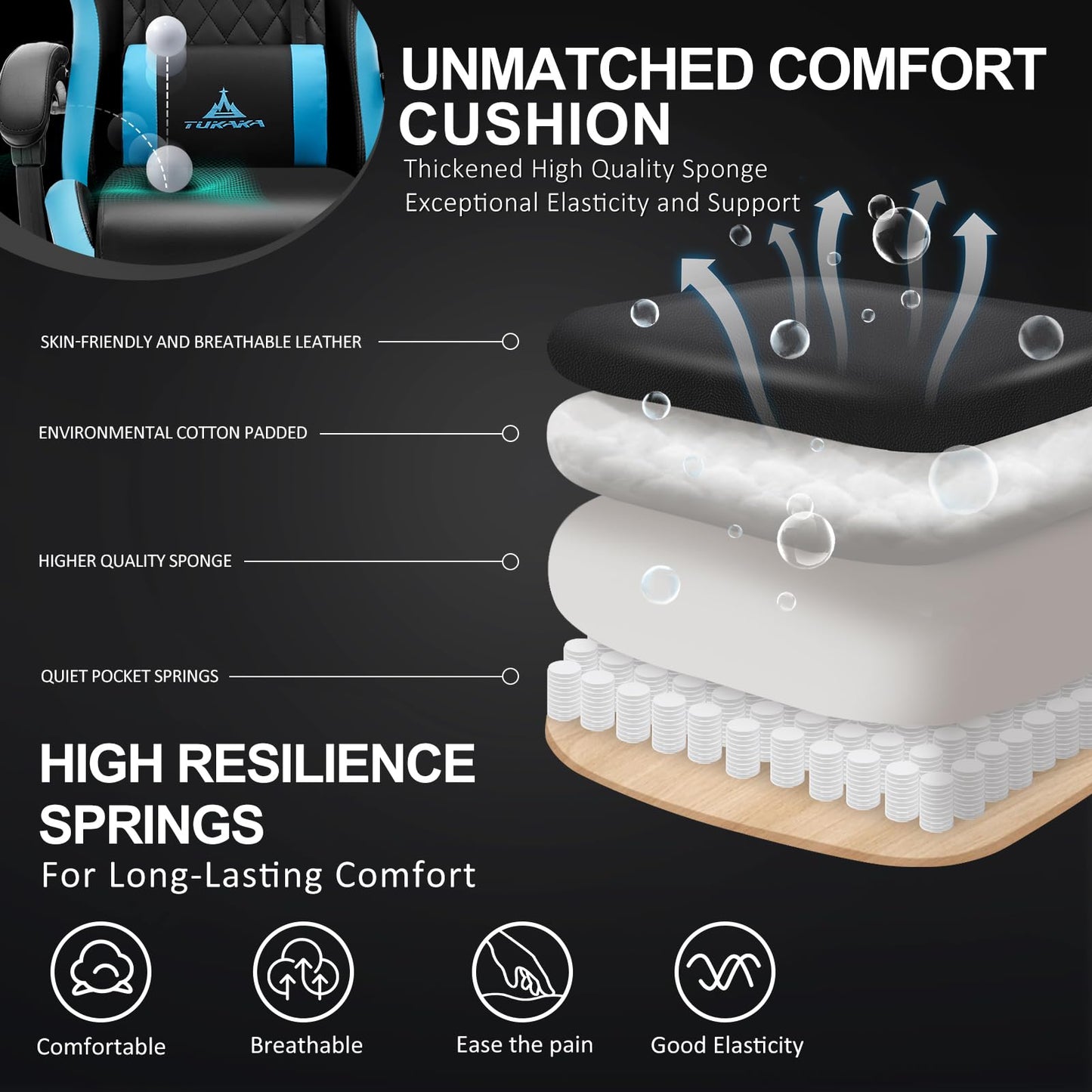 TUKAKA Gaming Chair,Ergonomic Massage Computer Office Desk Chair with Footrest,Pocket Spring Cushion,Reclining Leather Adjustable Gamer Chair with Headrest and Lumbar Support,Blue