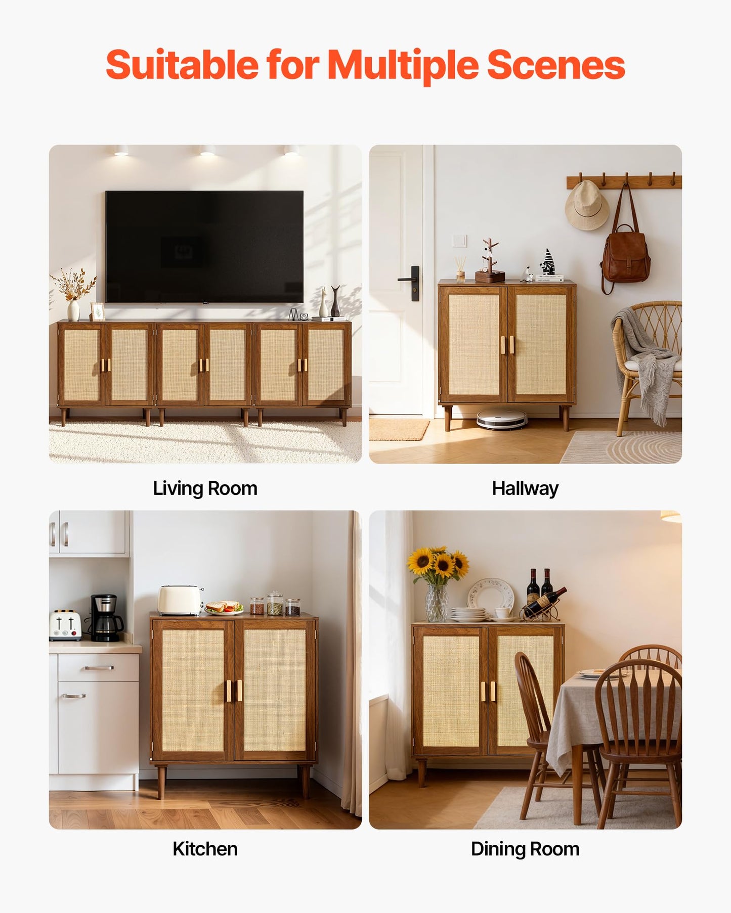 VEVOR Rattan Cabinet, Rattan Storage Cabinet with 2 Magnetic Doors and Adjustable Shelves, Accent Sideboard Buffet with Wooden Legs & Power Cord Hole for Hallway, Entryway, Living Room, Kitchen, Brown