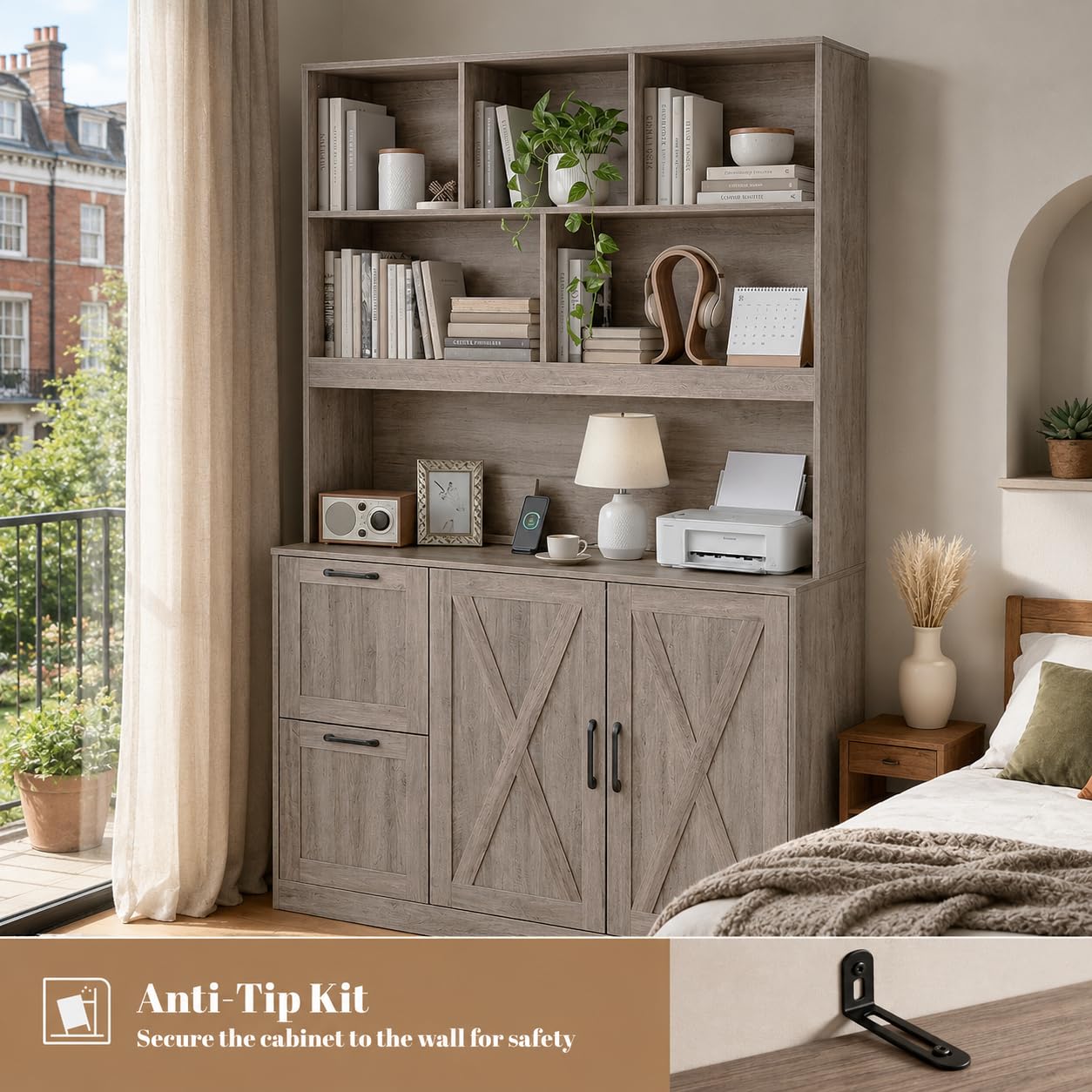 NORTHSKY 72'' Tall Bookshelf with Power Outlet, 2 Drawer File Cabinet for A4 Hanging Files, 3-Tier Open Shelves & Closed Storage Cabinets, Multifunctional Printer Stand - Greige