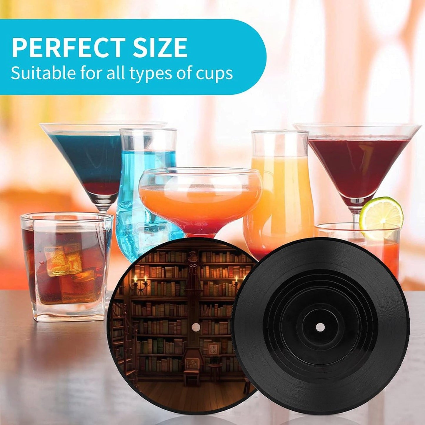 Retro CD Record Coasters,with Book Room Library Printed Silicone Coasters, for Drinks,Coffee Table Decor Coaster,Prevent Furniture from Dirty and Scratched