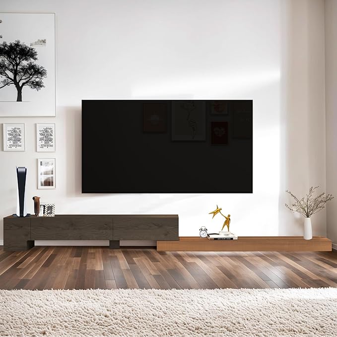 Retractable TV Stand, Solid Wood Minimalist TV Shelf, Mid-Century TV Console