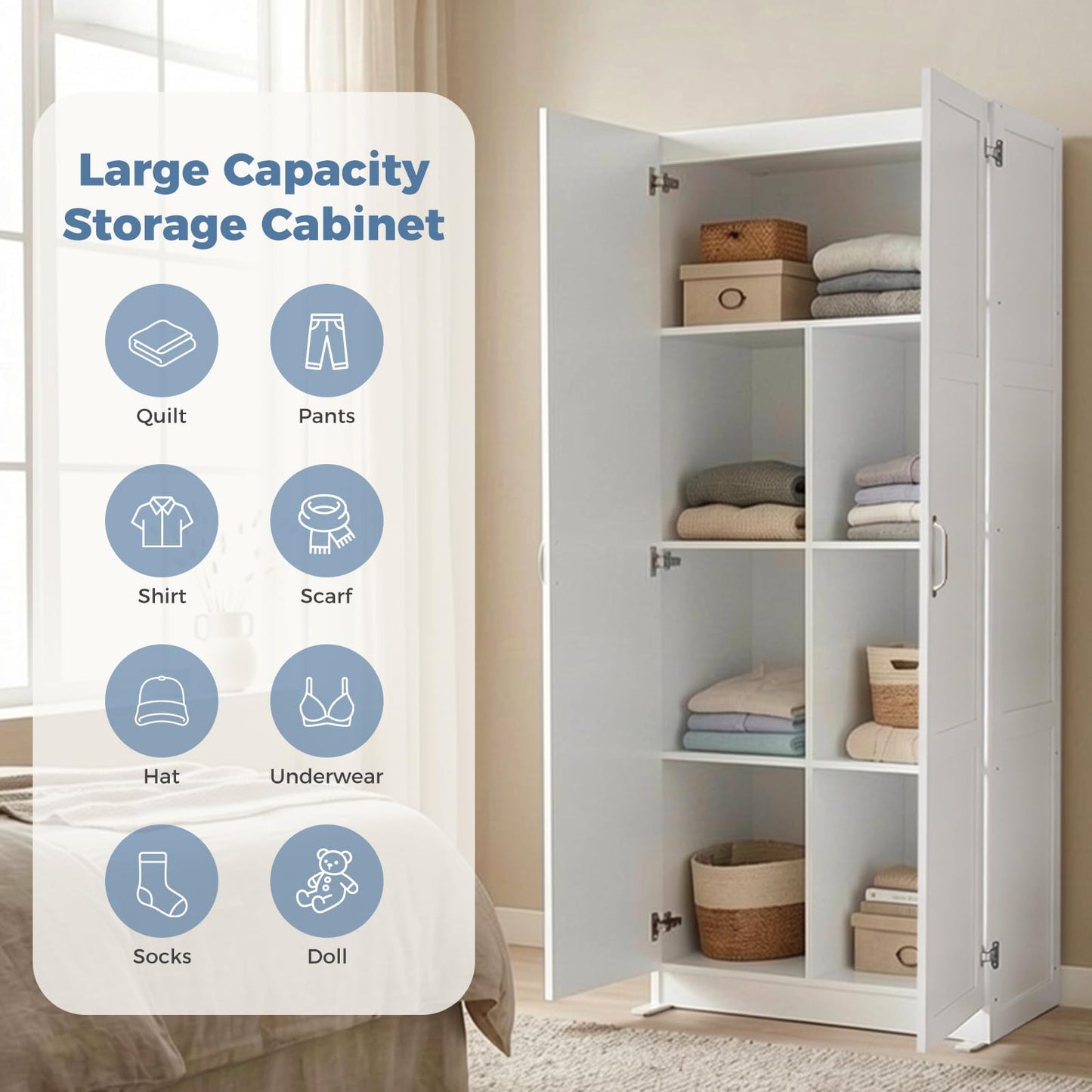 DUMOS Office Storage Cabinet, Large Capacity Organizer, Wooden Bedroom Storage Unit for CD, Blankets and Books, Suitable for Living Rooms, Office and Study Rooms, White