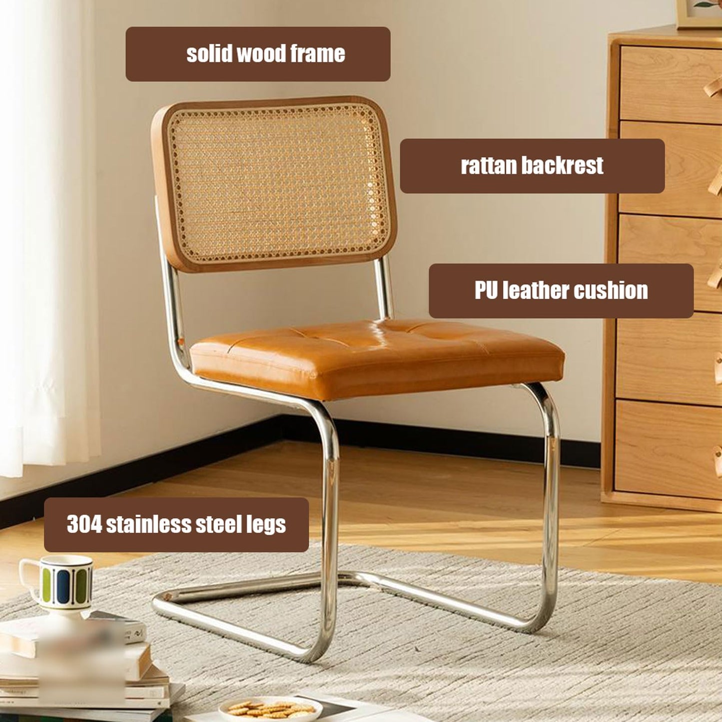 YDkjwjw Rattan Dining Chairs, PU Leather Meeting Office Chairs with Mesh Cane Backrest Stainless Steel Frame Armless Side Chairs for Reception Visitors