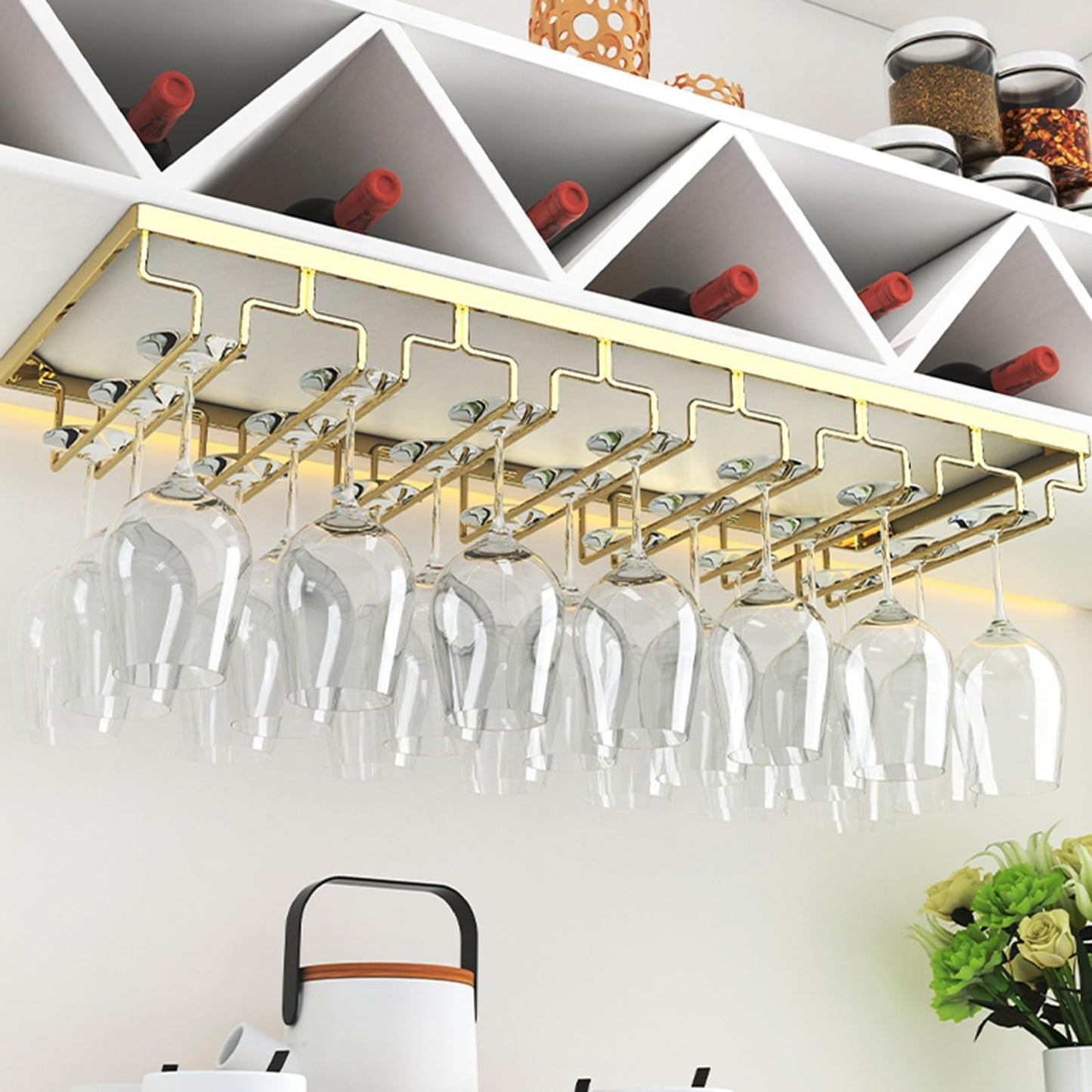 GHHDPXM Wine Glass Holder Under Cabinet Wine Glass Rack Durable Metal Glass Drying Hook for Bar Café Kitchen Restaurant Perfect for nizing & Displaying Glassware (Color:)