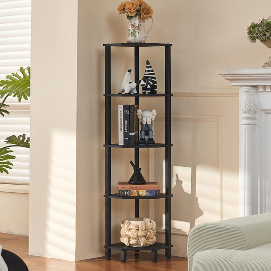 YUFAM 5-Tier Corner Shelf with Sturdy 5-Leg Base, Wooden Corner Bookshelf for Small Spaces, Corner Standing Shelf for Living Room, Bedroom, Office, Black
