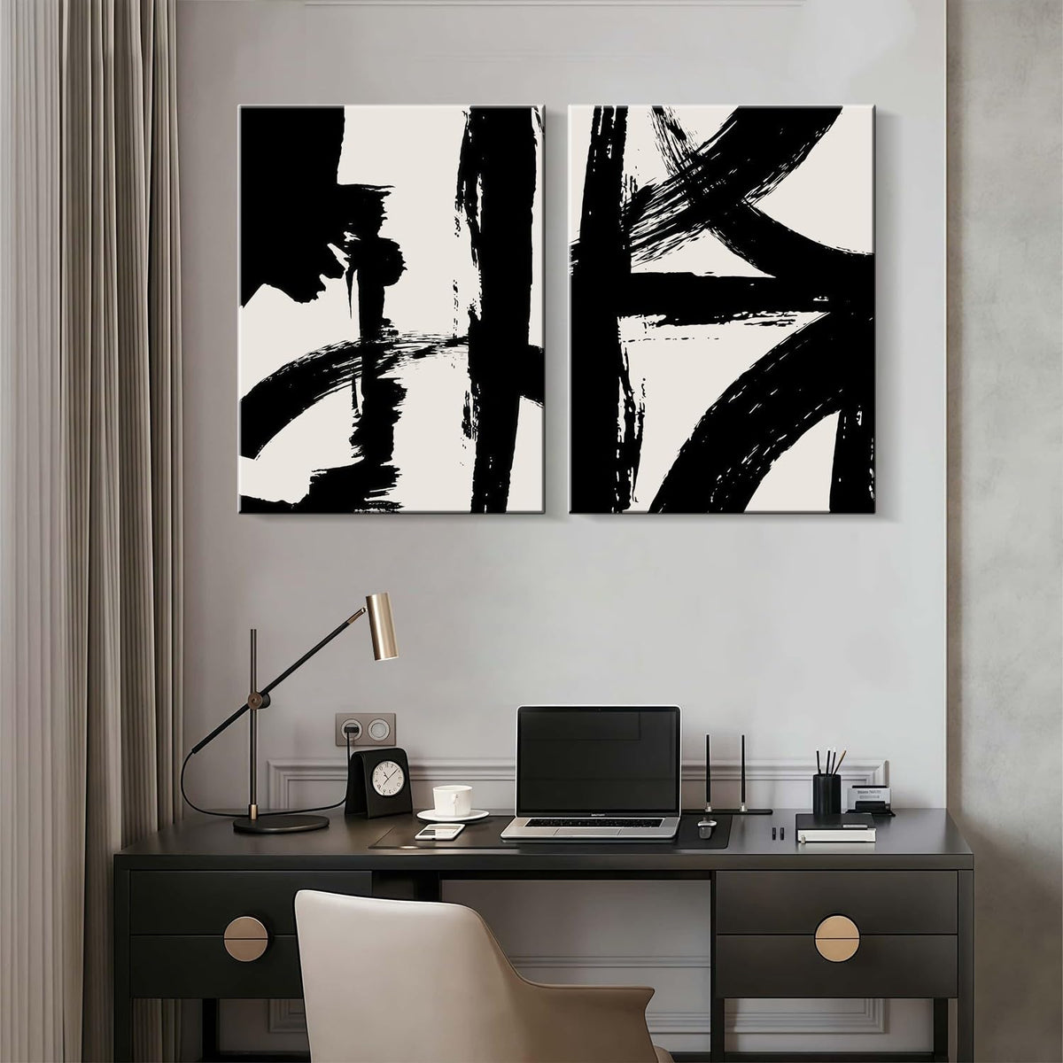 2Pcs Framed Abstract Black and White Canvas Wall Art Minimalist Brushstroke Line Prints Modern Home Gallery Style Painting Posters Picture Bedroom Living Room Office 16x24 Inch Ready to Hang