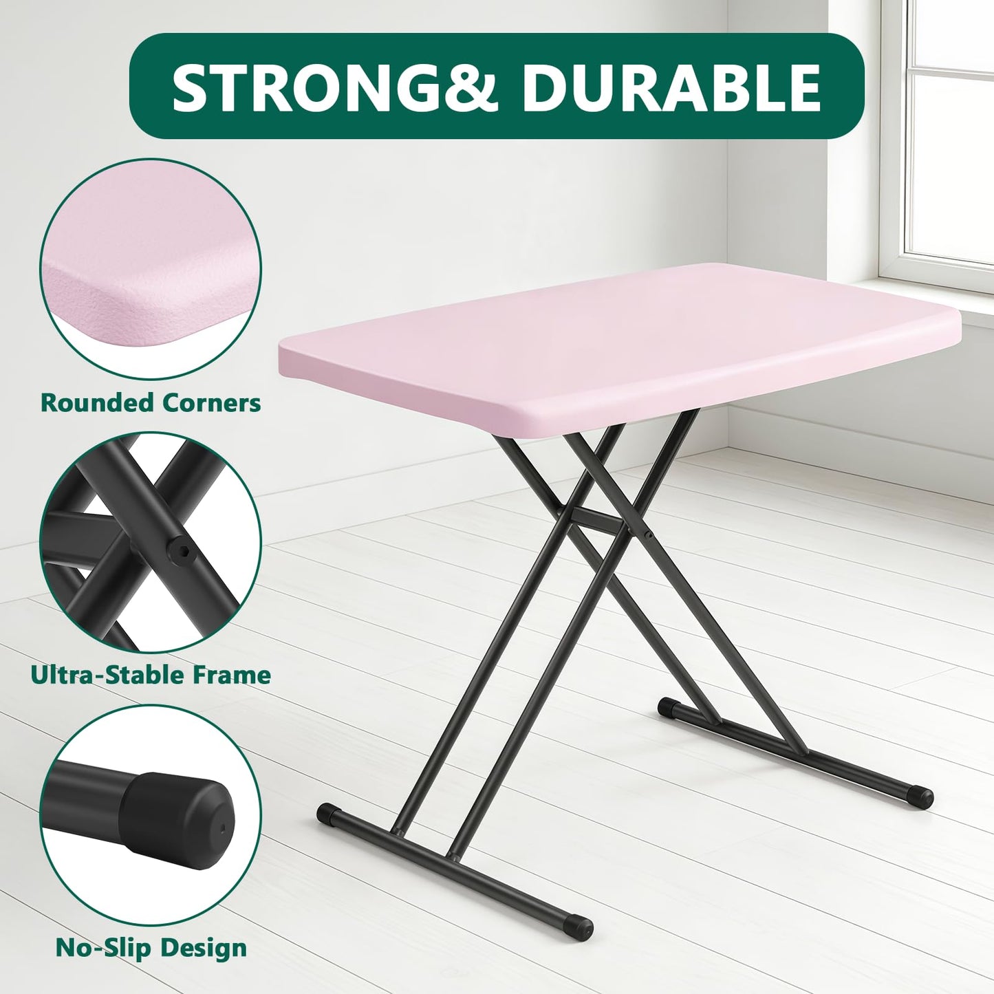 MAKE CHANGES Folding Table 30 Inch - Small Desk Adjustable Height TV Tray for Laptop, Couch, Camping - Heavy Duty Utility Foldable Table for Small Spaces, No Assembly Required, Pink Granite