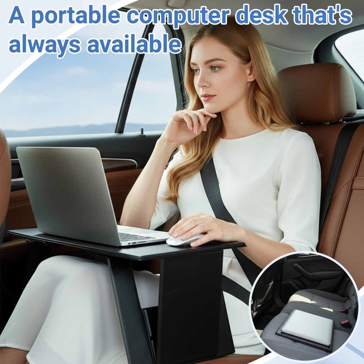 Leinuosen Foldable Laptop Desk Portable Lightweight Travel Laptop Table PU Leather Non-Slip Computer Retractable Desk for Bed, Car Sofa, Travel, Work