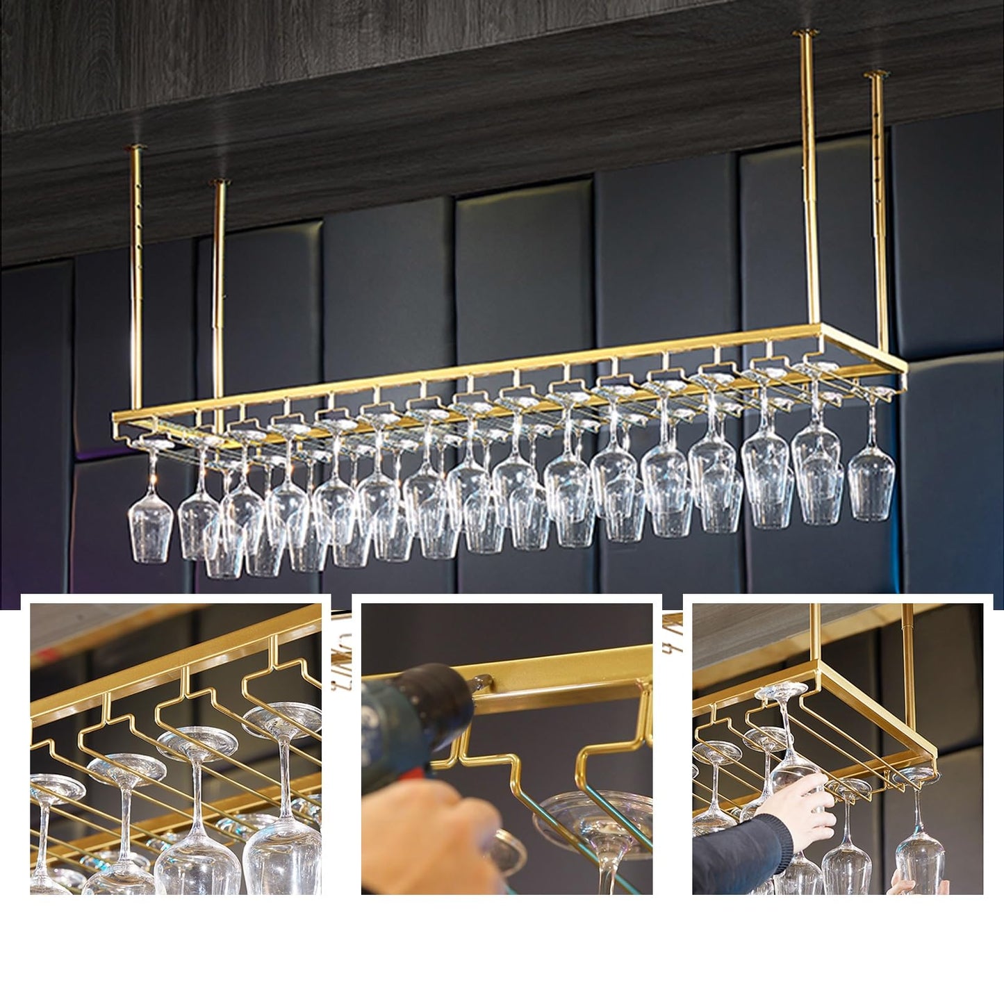 GFRWKCEX Ceiling Racks Hanging Wine Glass Shelf Metal Stemware Organizer Holder, Adjustable Height Goblet Storage Shelves for Bar Counter Restaurant Cafe(60x35cm(24x14inch))