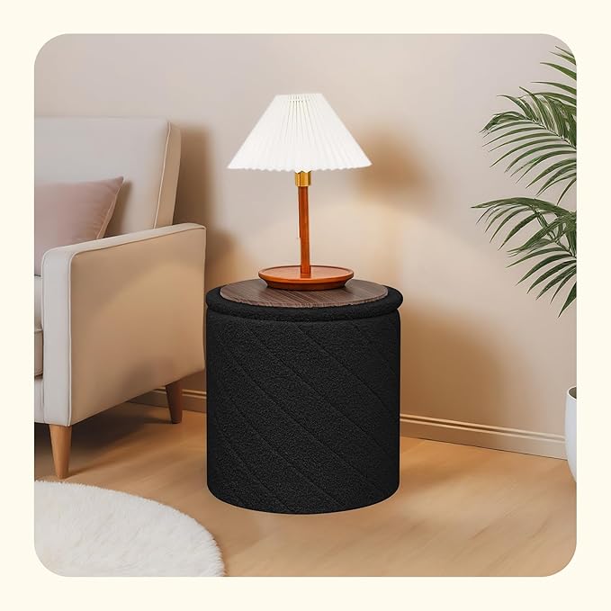 PINPLUS Ottoman with Stroage Round Boucle Ottoman and Tray Sherpa Removable