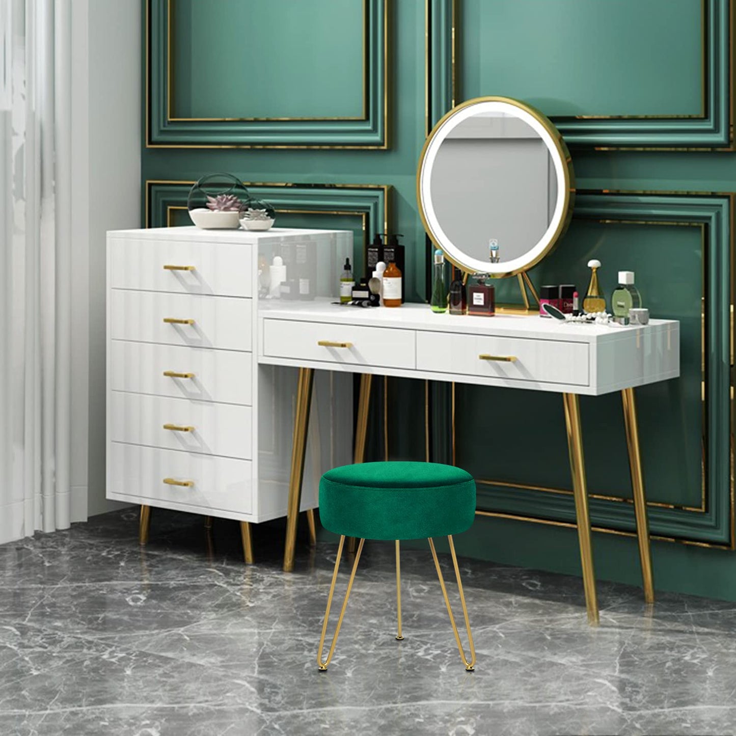 YOONIC Velvet Soft Modern Vanity Footstool -Round Footrest Stool Ottoman Side Table Seat Dressing with Golden Metal Leg and Sponge Filling,Upholstered Foot Rest, for Living Room and Bedroom Teal