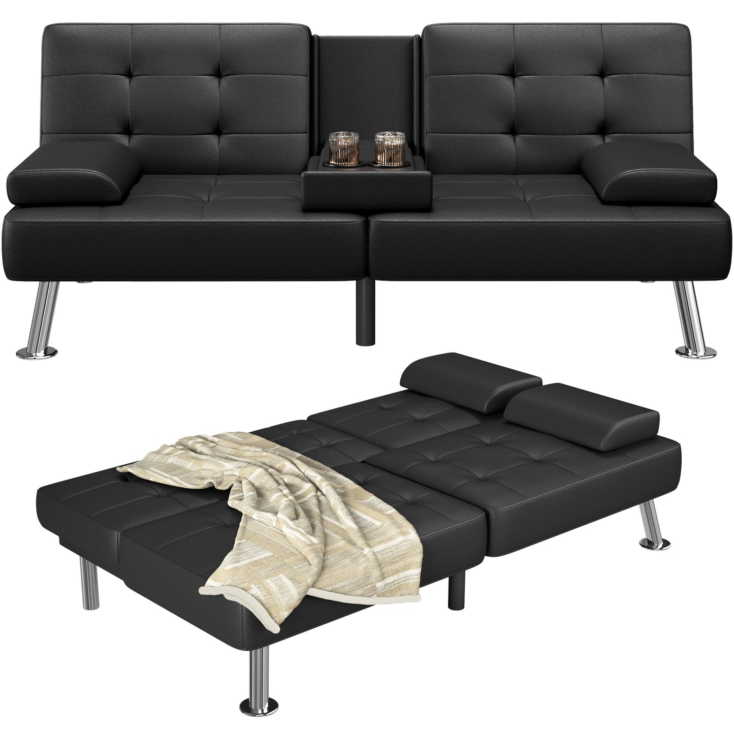 Furmax Futon Sofa Bed Adjustable Futon Couch Sleeper Sofa Bed for Living Room, Business Office, Recliner Sofas with Cup Holders (PU Leather, Black)