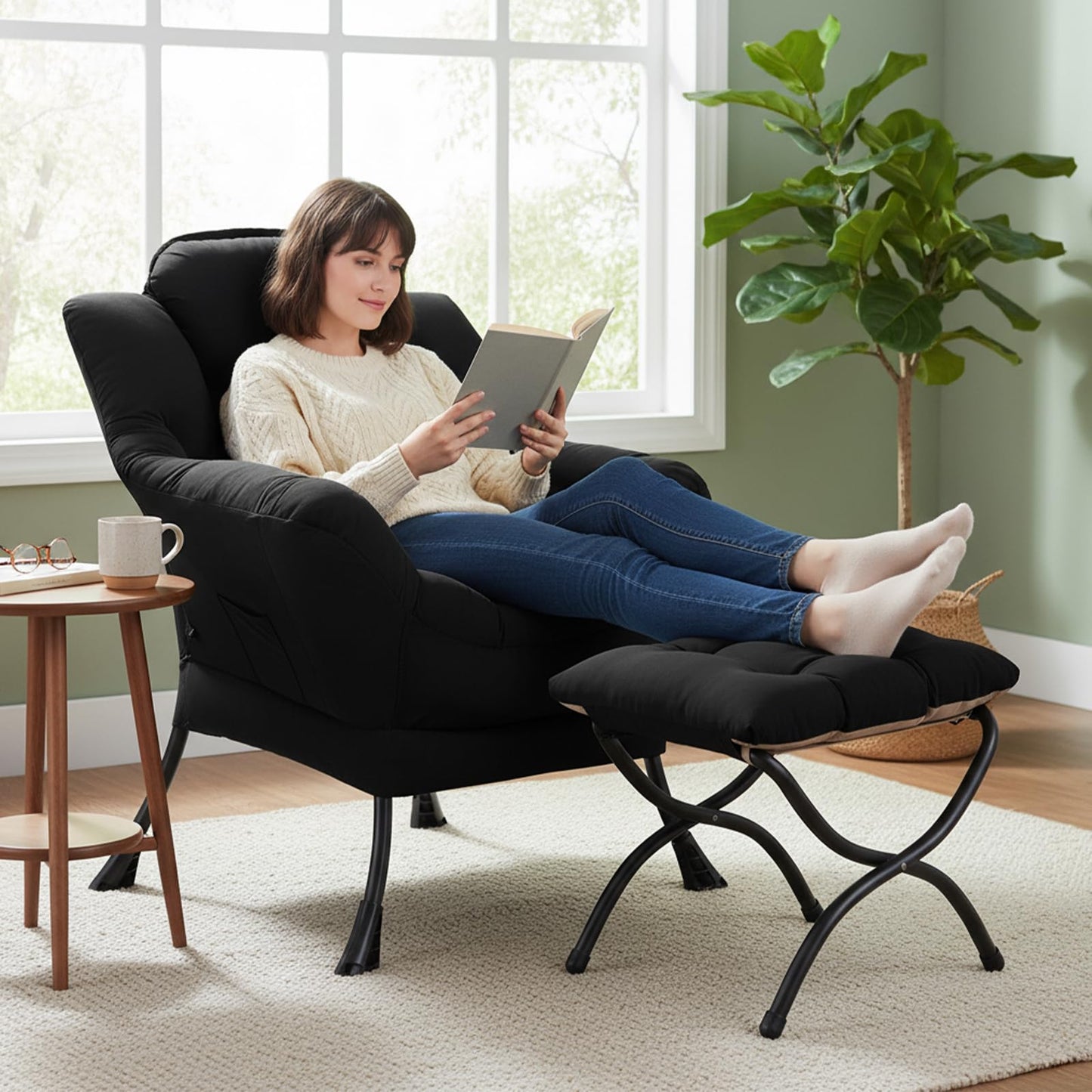 SESHINELL Lazy Chair with Ottoman, Modern Accent Chair Contemporary Lounge Leisure Sofa Chair with Armrests, Reading Chair and Folding Footstool Set for Living Room, Bedroom, Office, Black
