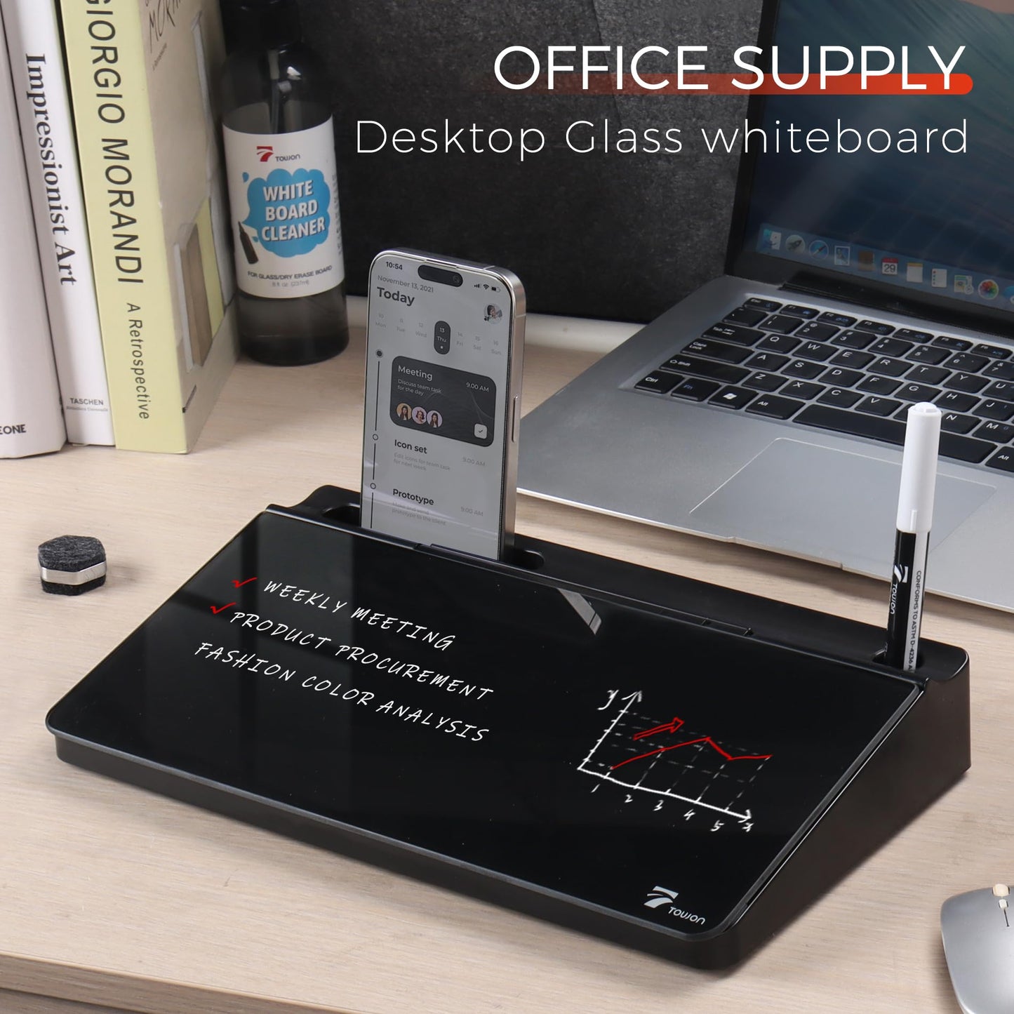 TOWON Small Compact Glass Desktop Whiteboard with Storage – 12 x 7 in Dry Erase Board for Desk, Home Office, School | Includes 5 Markers, Eraser & Holder | Space-Saving Organizer, Aesthetic Black