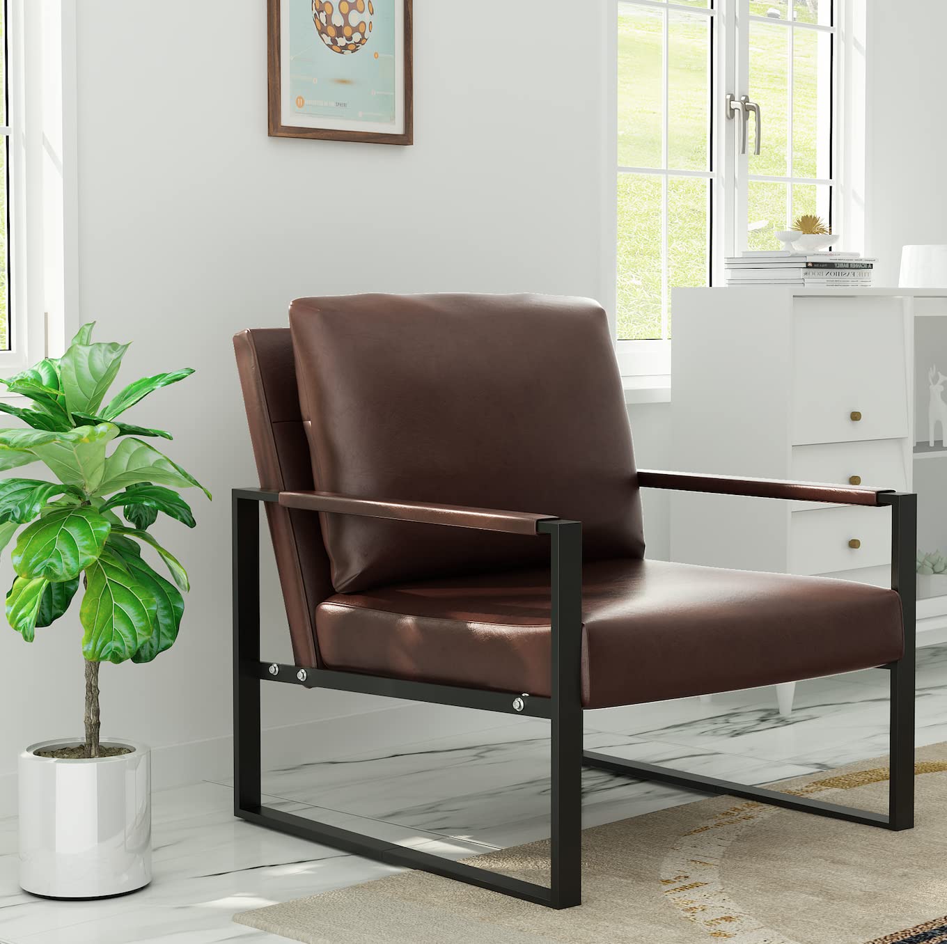AWQM Modern PU Leather Accent Chair Arm Chair with Extra-Thick Padded Backrest and Seat Cushion Sofa Chairs for Living Room Bedroom, 105 Degree Slant Back, Non-Slip Adsorption Feet-Brown（Set of 1）