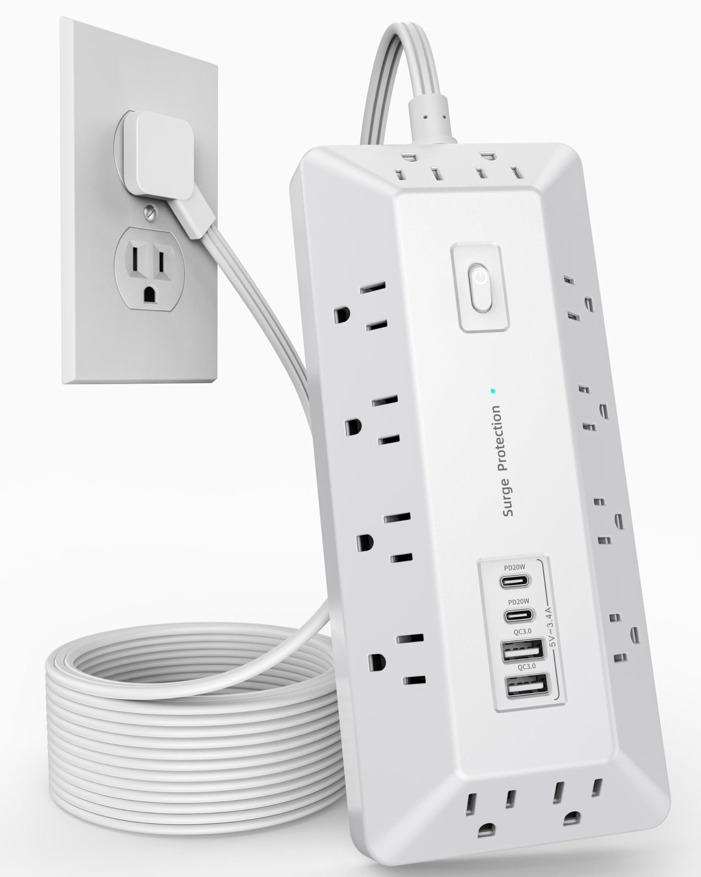 VIPWELL 16 in 1 Surge Protector Power Strip with 4 USB (2 USB C) and 12 AC Outlets Extender, 6 Ft Flat Plug Extension Cord, Cable Management Outlets for Home Office and Dorm Rooms (White)