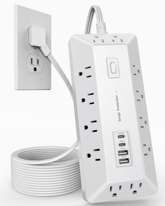 VIPWELL 16 in 1 Surge Protector Power Strip with 4 USB (2 USB C) and 12 AC Outlets Extender, 6 Ft Flat Plug Extension Cord, Cable Management Outlets for Home Office and Dorm Rooms (White)