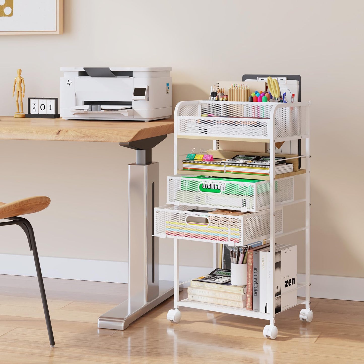 Homsorout Art cart, 5 Tier Rolling Cart - Utility Cart with Storage Drawer and Wheels, Versatile Art & Craft Organizer for Home, Office, or Studio Ideal for Storing Brushes, Paints （Maple）