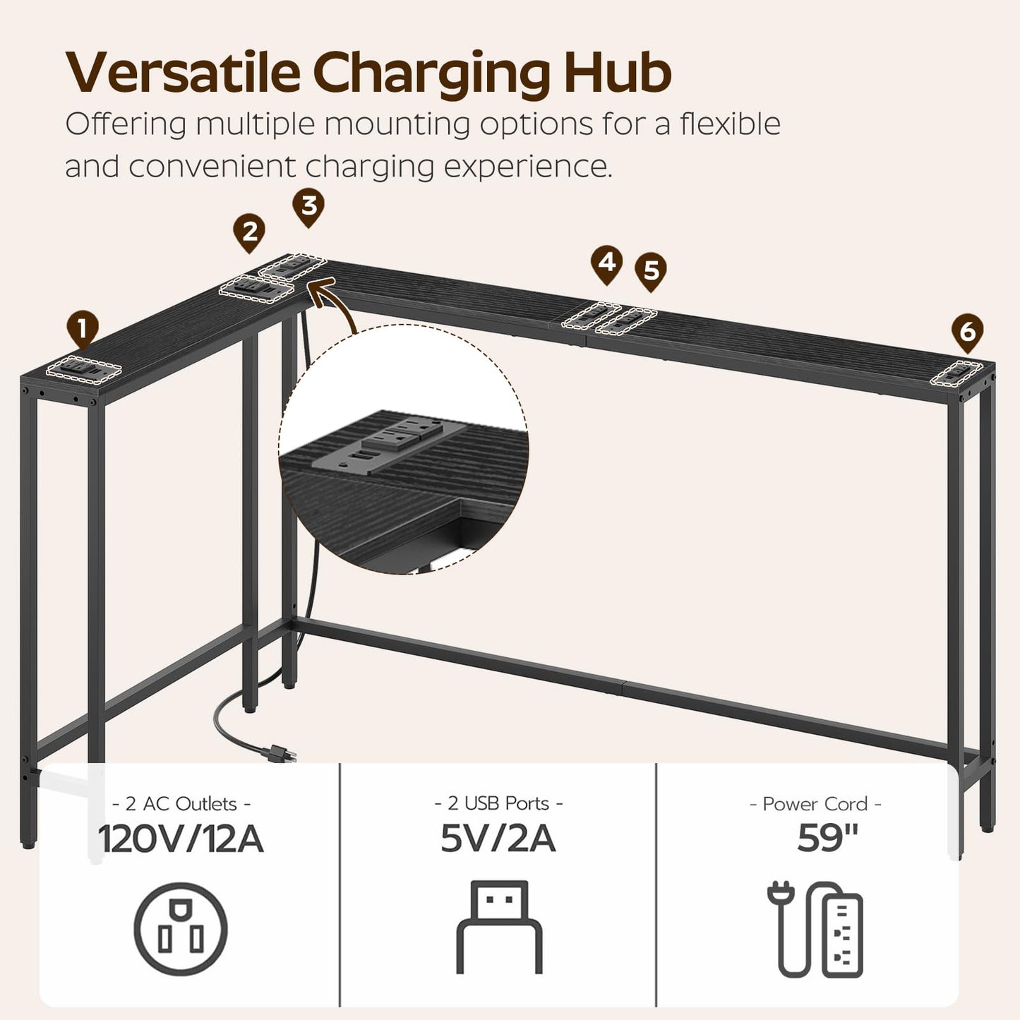 YATINEY Narrow Console Table with Outlets, 78.7" Sofa Table Narrow Long, L Shaped Behind Couch Entryway Table with Charging Station, for Living Room, Hallway, 3 Assembly Options, Black CT17UBB