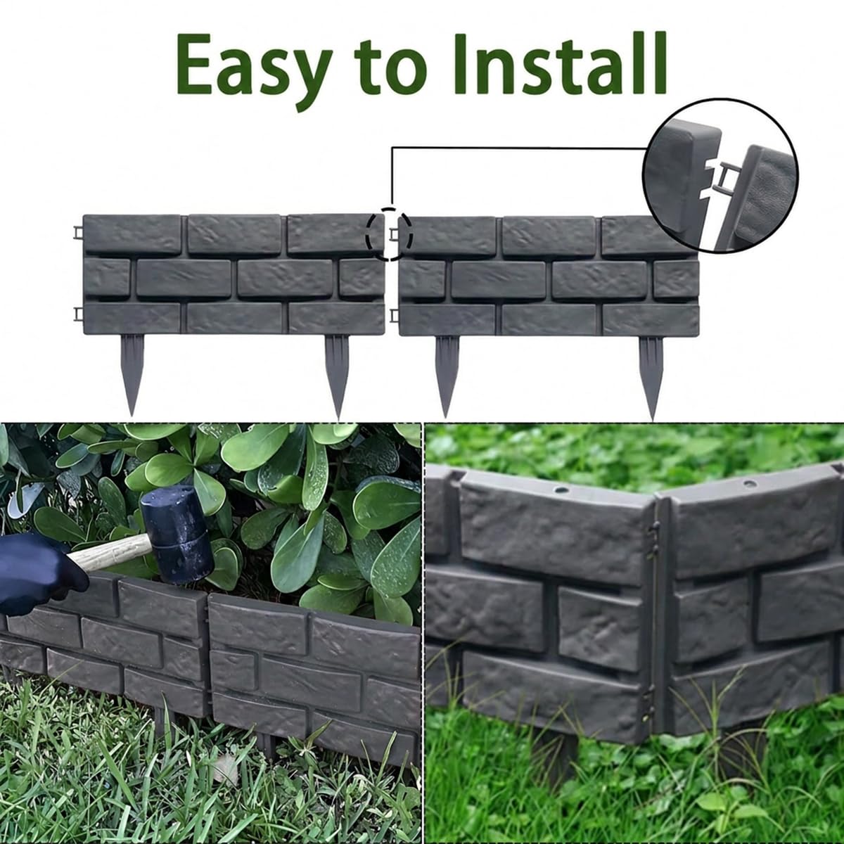 14.5FT/4.4M Brick Effect Garden Edging Border, 7IN/18CM Tall Lawn Flower Bed Edging Decorative Panels,Landscape Edge for Yard Tree Grass Path, DIY Straight/Curved/Circular Shapes -10PCS Grey