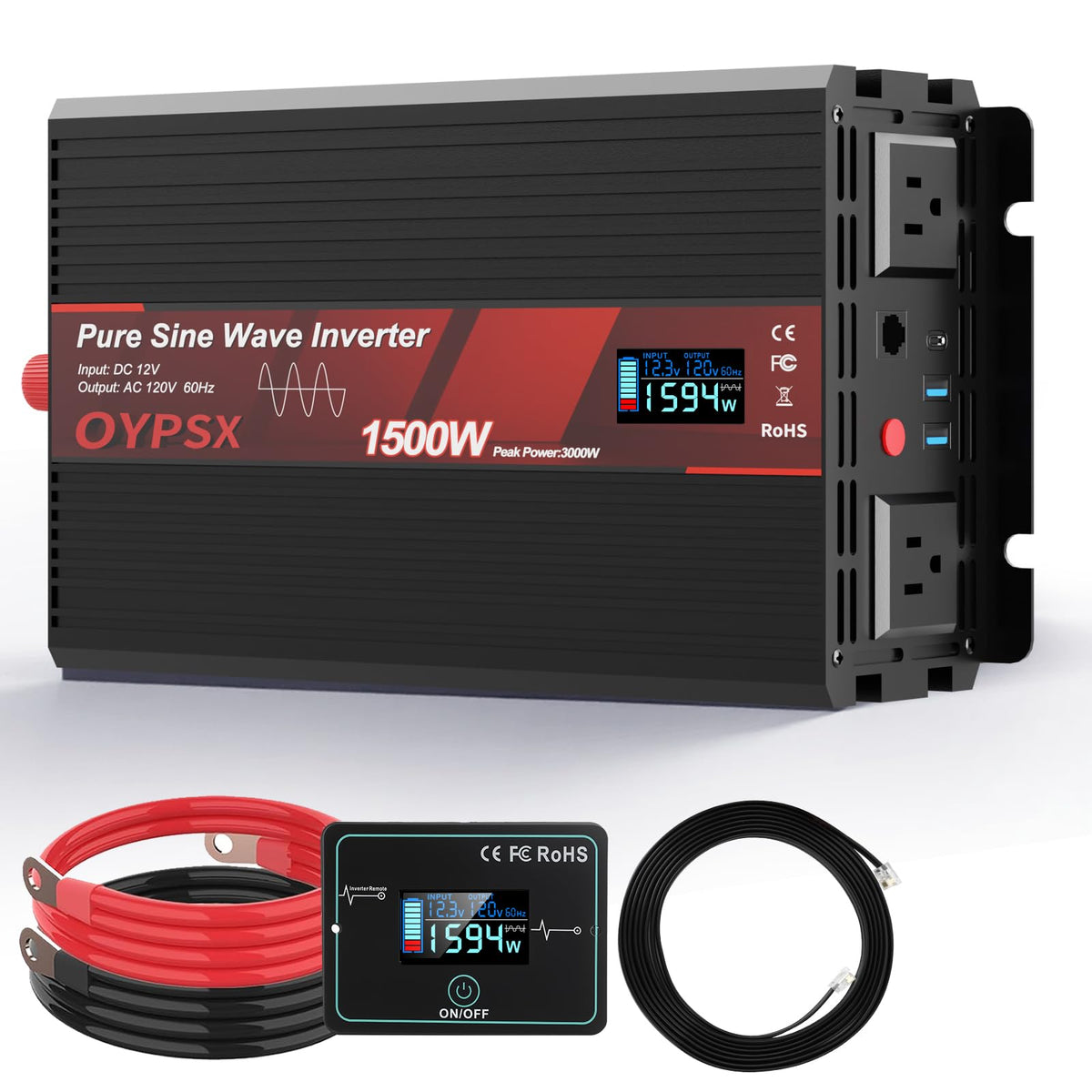 OYPSX 1500W Power Inverter 12V to 110V 120V AC Pure Sine Wave Inverter for RV Truck Camping,Outdoor Off-Grid Power Converter with LCD Display,Wired Controller,AC Outlets USB Ports (12V-1500Watt)
