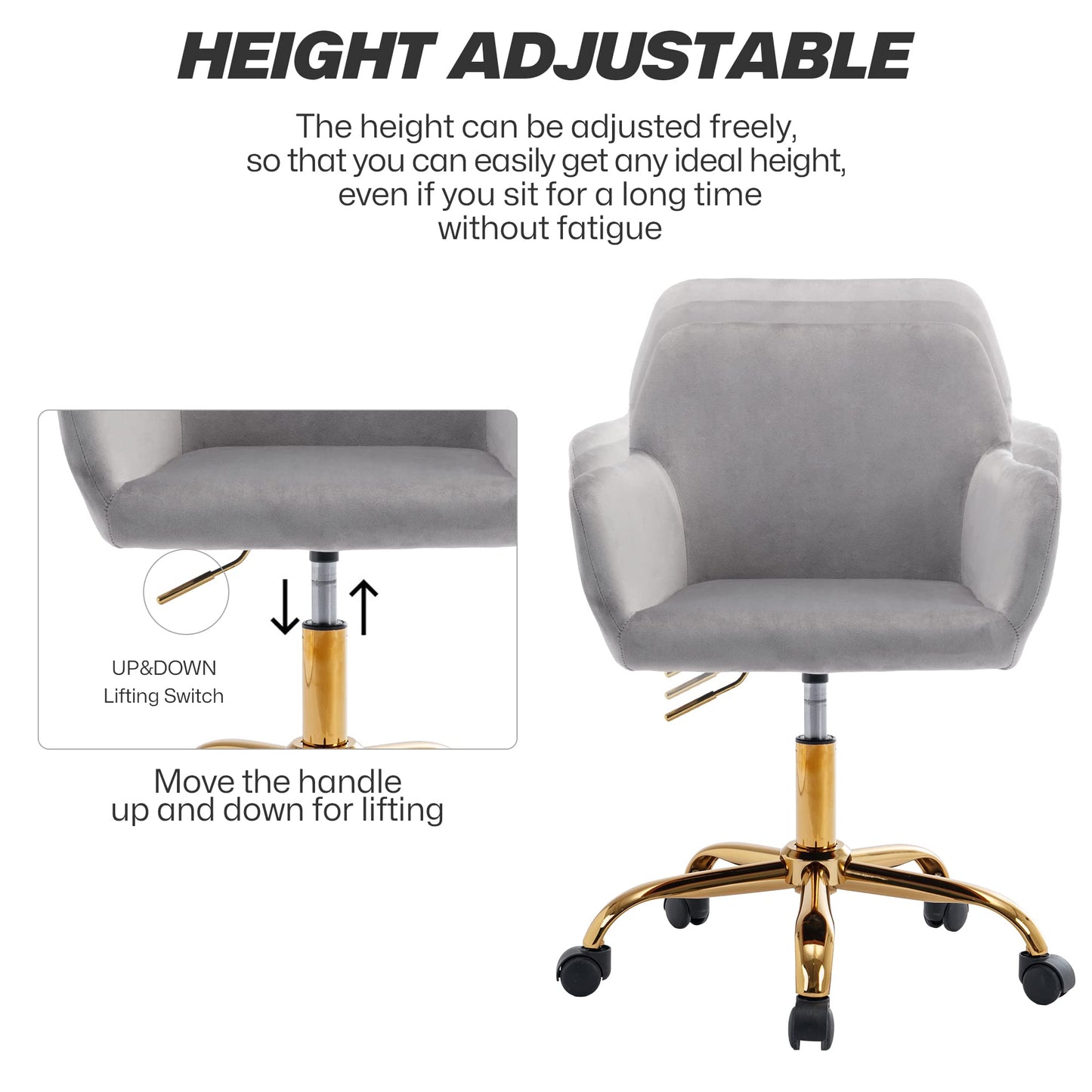 KCC Velvet Office Desk Chair, Comfy Swivel Modern Leisure Armchair with Wheels, Upholstered Comfy Velvet Fabric Makeup Chair Height Adjustable for Teens Women Girls Elegant Home Office, Gray