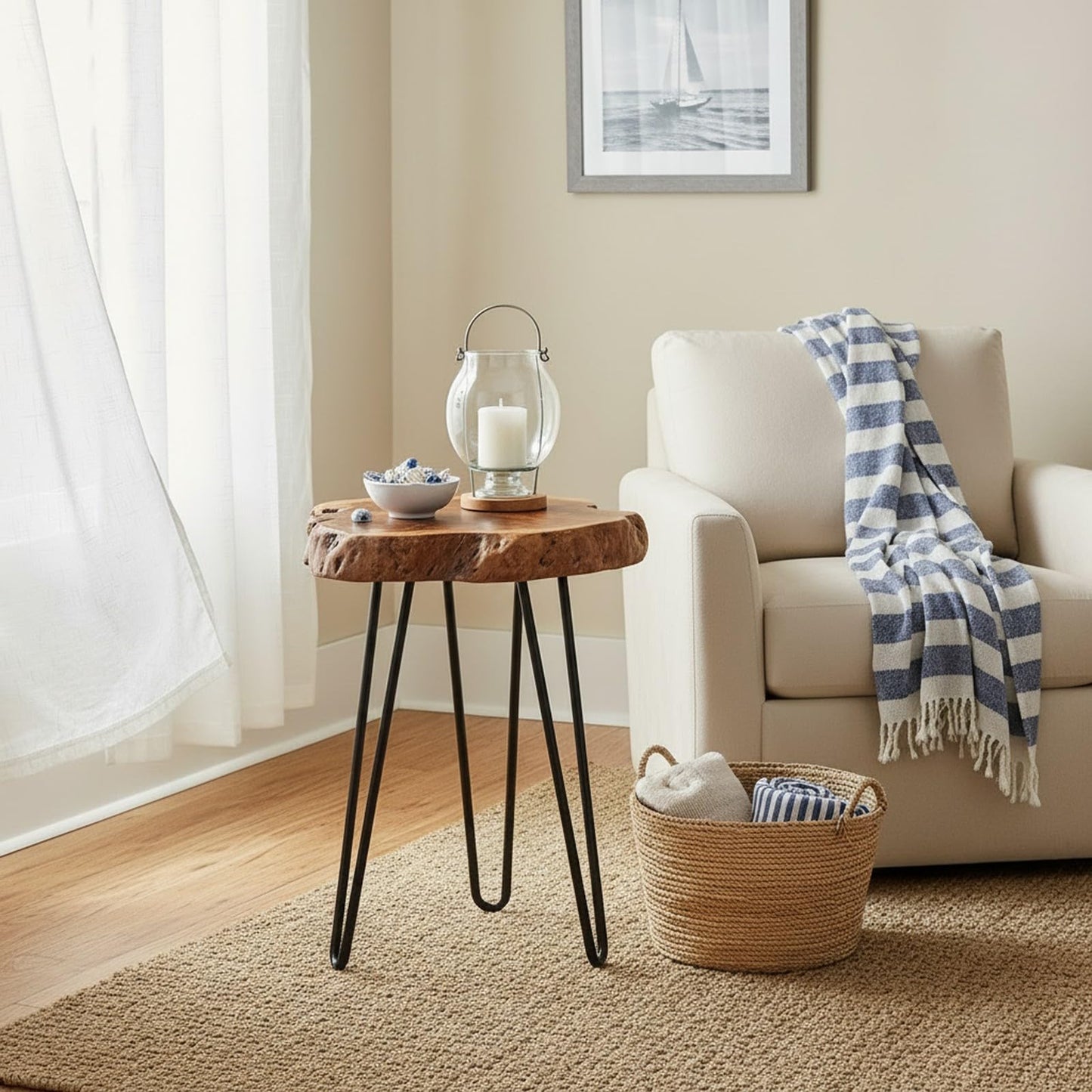 WELLAND Rustic Date Tree End Table Live Edge Side Table 18" W x 15" D x 21" H Accent Table Plant Stand for Living Room Bedroom Home Office Patio (Unique Date Plus)