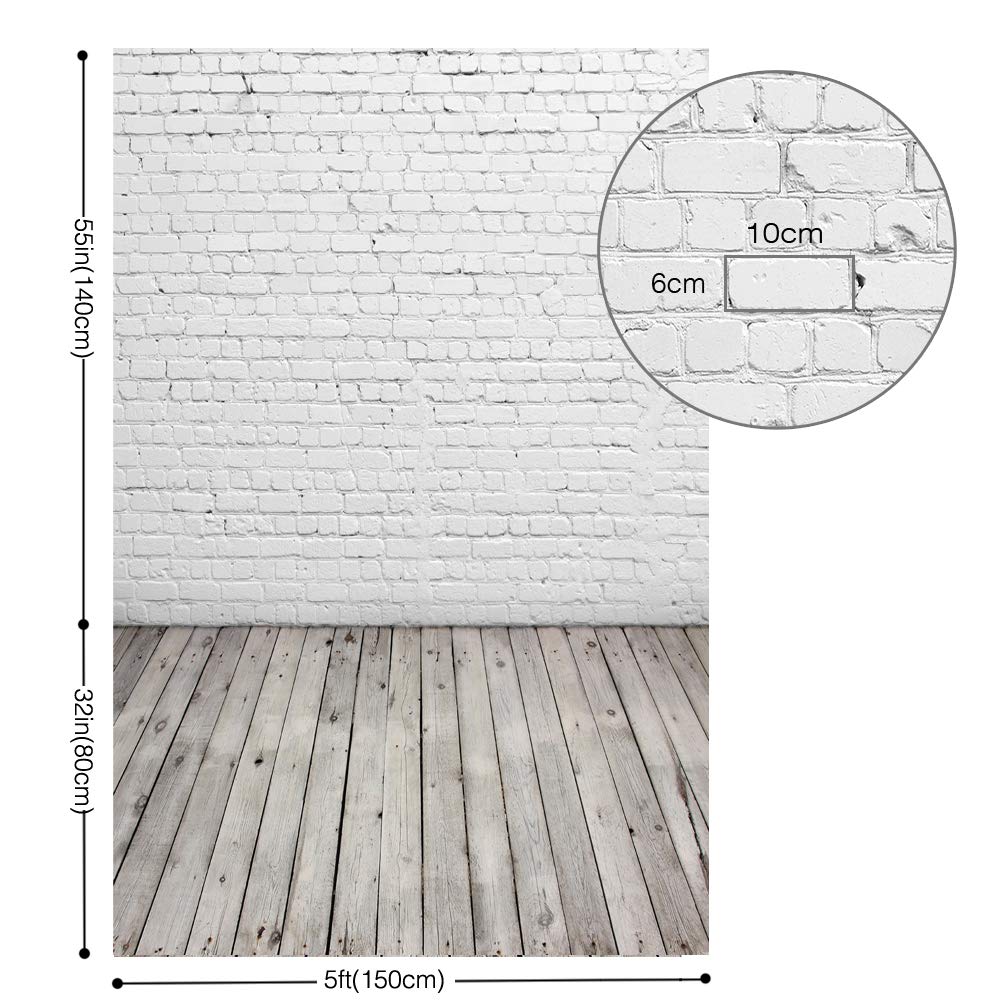 HUAYI 5X7ft White Brick Wall with Gray Wooden Floor Photography Vinyl Backdrop D-2504