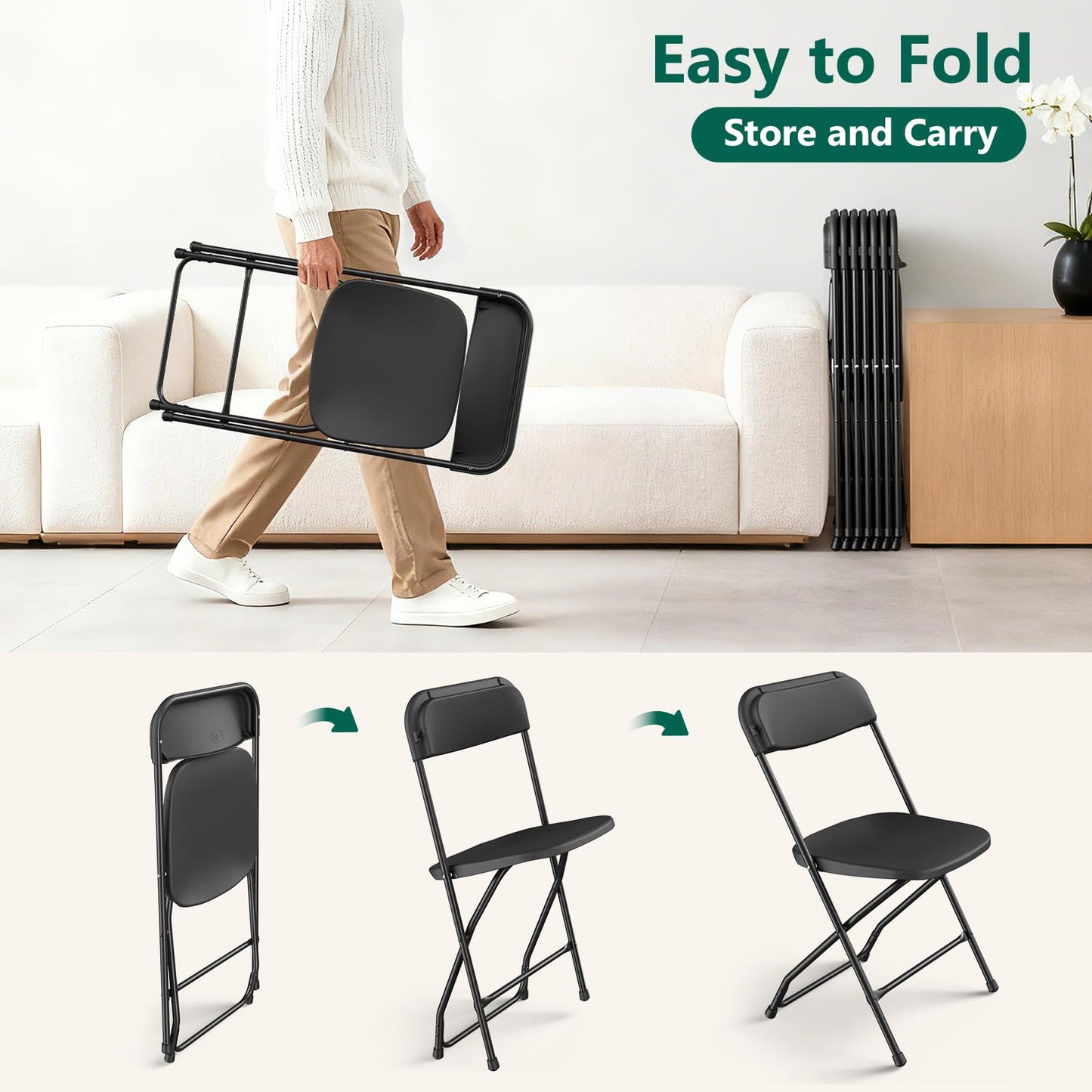 FurniEdge 4 Pack Black Plastic Folding Chairs, Outdoor Portable Folding Chair with Steel Frame, 350lbs Capacity Stackable Foldable Chairs for Patio, Garden, Picnic, Kitchen, Events