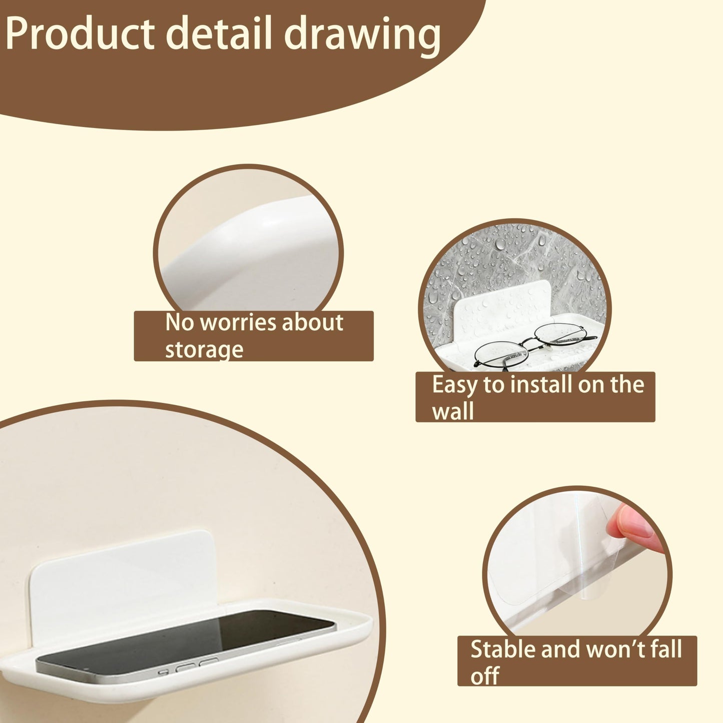 2 Pcs Small Shelf for Wall, Foldable Bedside Shelf & Small Wall Shelves No Drill Adhesive Folding Shelf, Stick-on Floating Wall Rack Organizer Tray for Bedroom Bathroom Kitchen Entryway, White