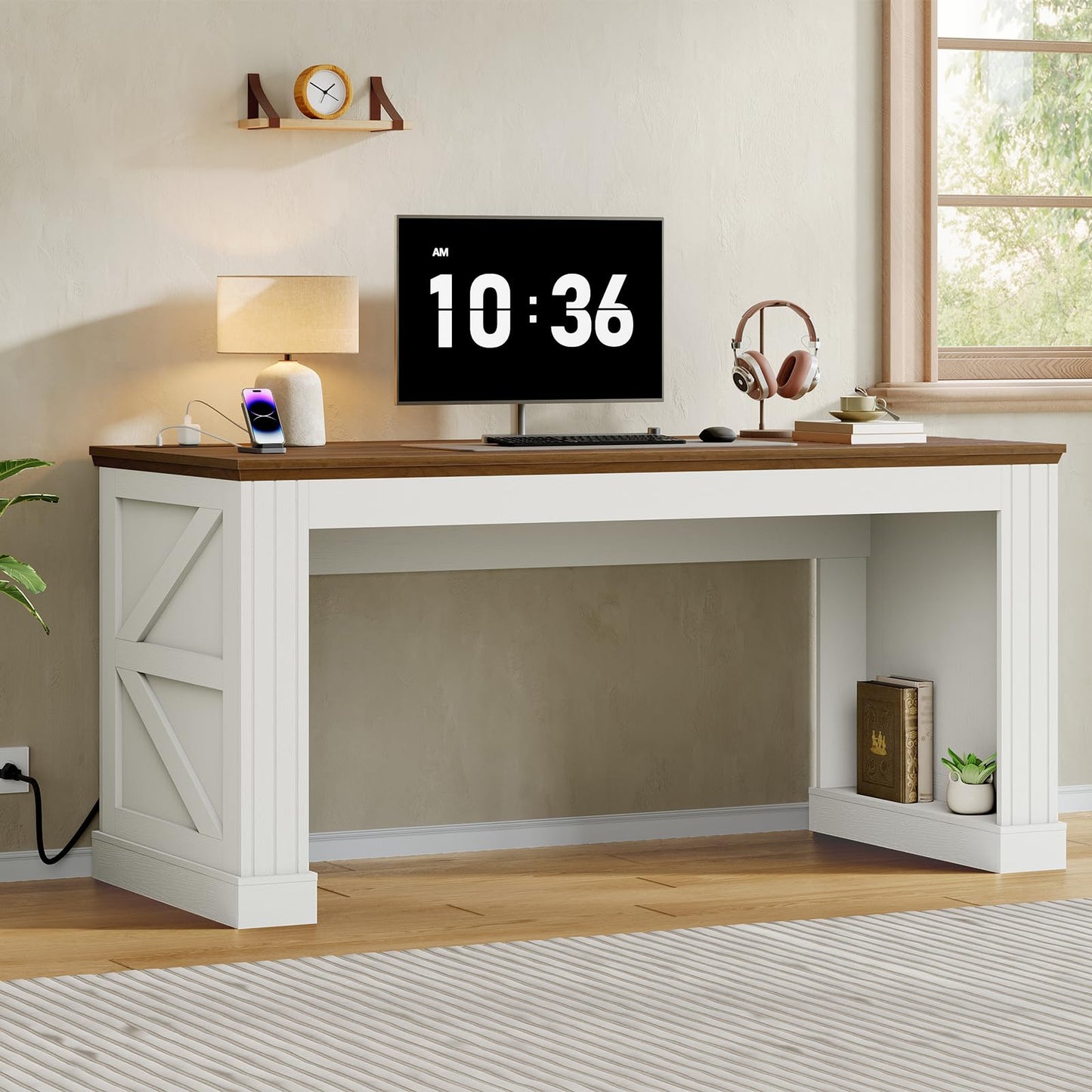 STHYTON 63-Inch Farmhouse Executive Desk, Long Computer Desk with Built-in Charging Station & Bottom Storage, Home Office Writing Study Desk for Bedroom, Living Room, White and Walnut