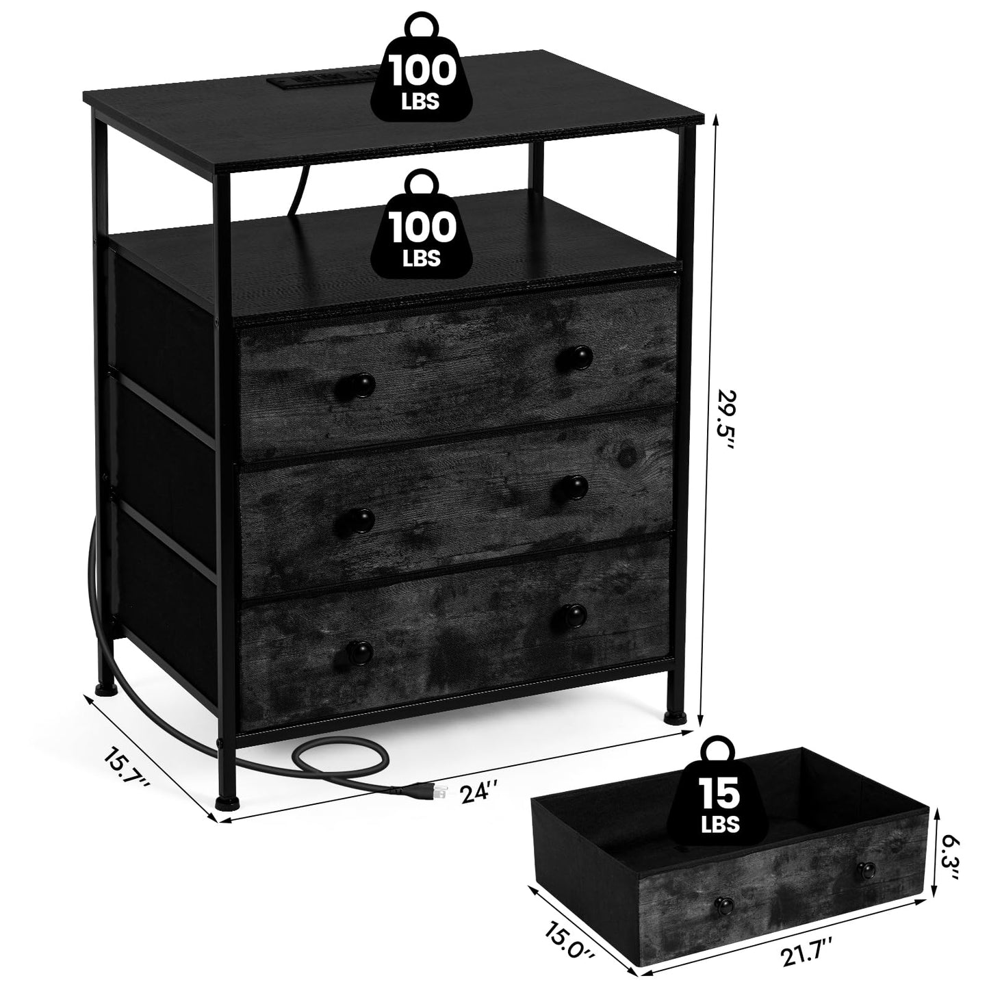 PATAVOT 3 Drawers Dresser with Charging Station, 24 Inch Wide LED Night Stand with Adjustable Fabric Drawer, Nightstand with Storage Shelf for Living Room/Bedroom/Office, Black.