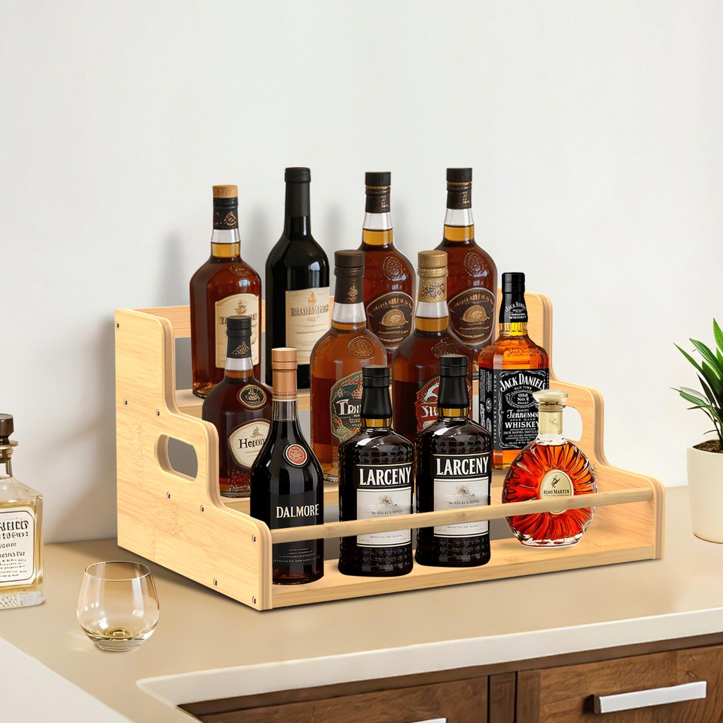 Aiowhy Bamboo Liquor Bottle Display Shelf, 3 Step Countertop Wine Rack, Bar Bottle Stand with Handles & Guardrail, Retro Mini Display Rack for Syrup, Wine, Dressing, Home Kitchen Cafe, Natural
