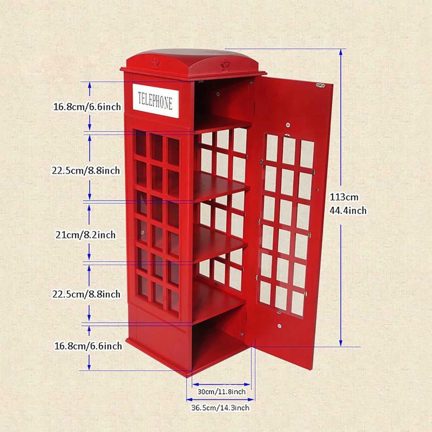 MNJVCFDS Telephone Booth Bookshelf, 5-Tier Wood Bookcase, Floor Standing Bookcase with Acrylic Door, Phone Booth Storage Cabinet Organizer Display Bookshelf