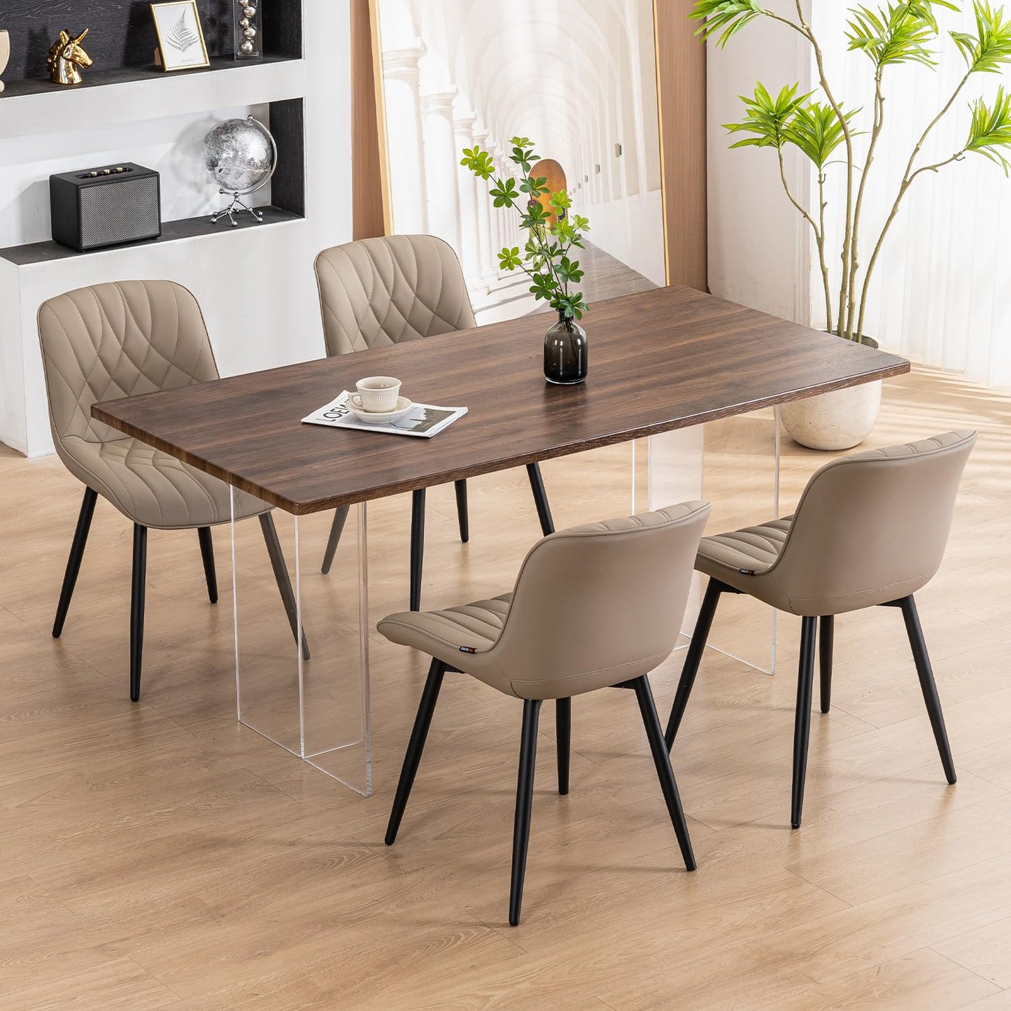 YOUNUOKE Dining Chairs Set of 2 Mid Century Modern Kitchen Chair Comfortable Upholstered Faux Leather Dinner Chairs for Kitchen Dining Room, Khaki
