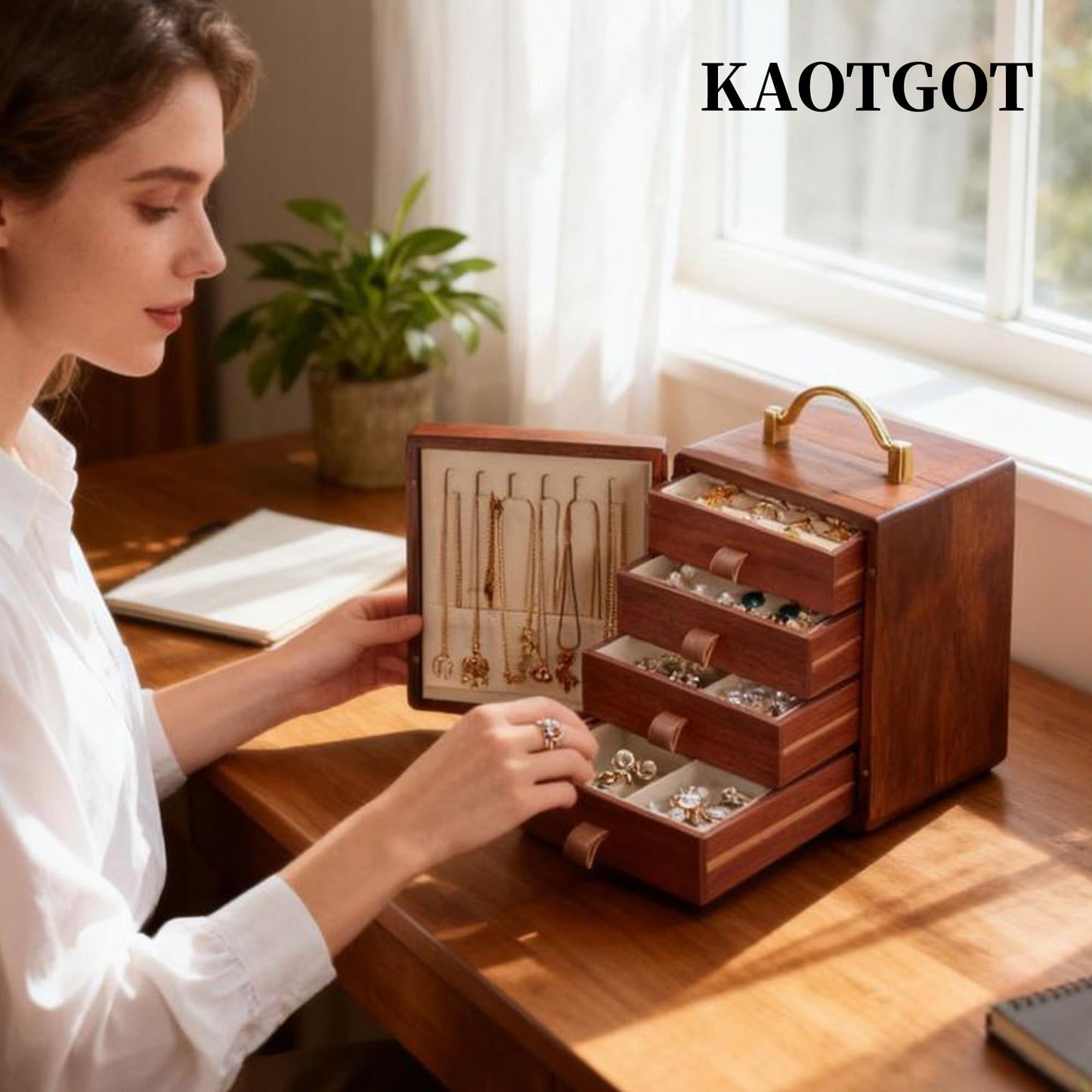 KAOTGOT Wooden Jewelry Box for Women 4 Tier Walnut Wooden Jewelry Box with handle (Butterfly Prints B)