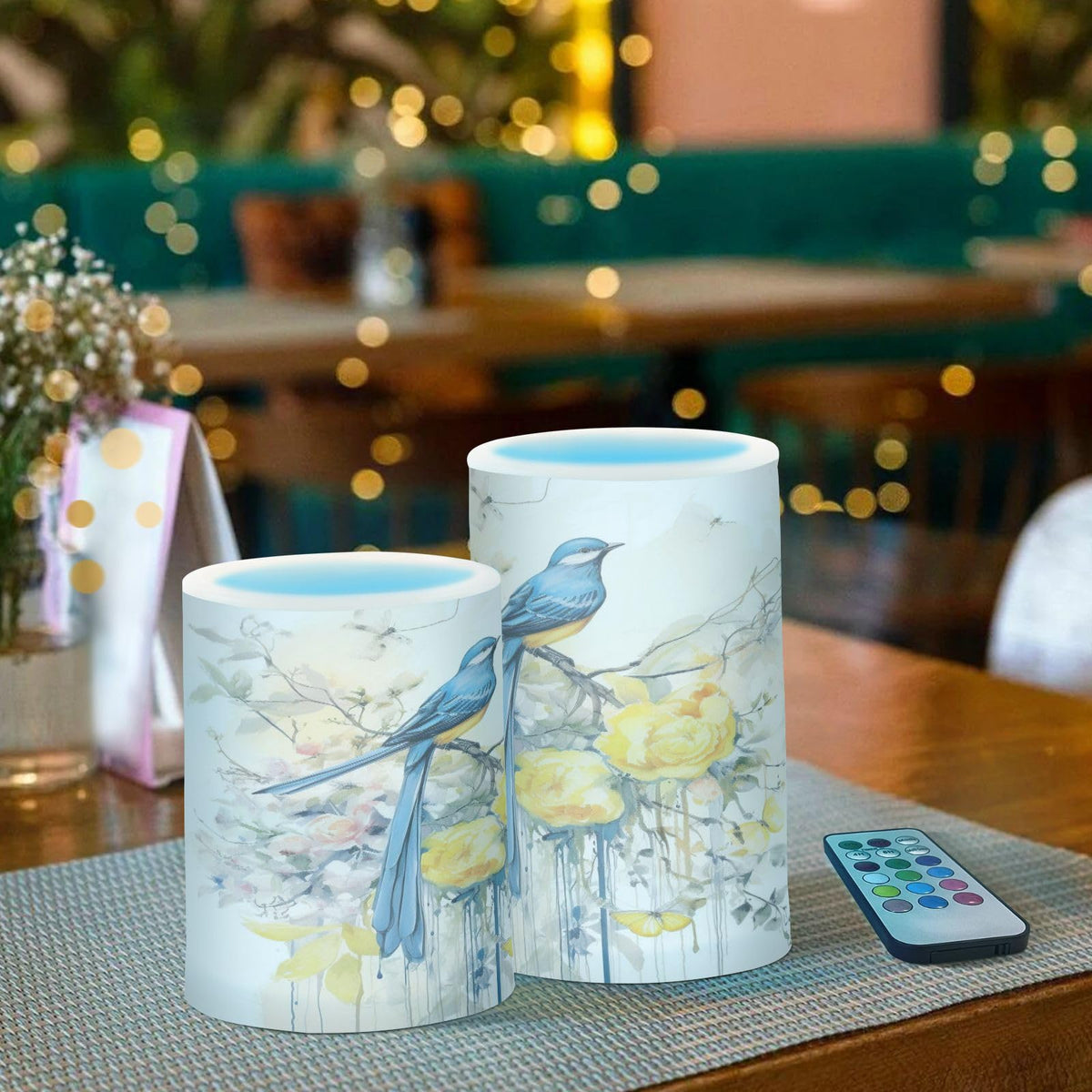 Spring Blue Bird with Yellow Flowers Butterflies Flickering Flameless Candles Battery Operated with Remote Timer,Tea Light Candles LED Pillar Votive Candles set of 2 for Outdoor Indoor Decorations