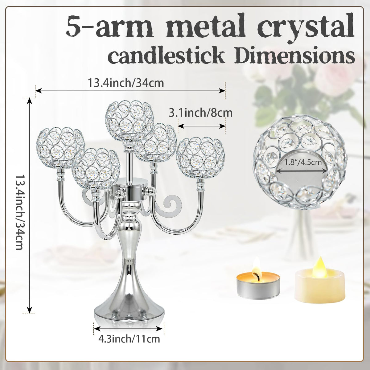 5 Arm Metal Crystal Candelabra Centerpiece - 13.4 Inch Elegant Candle Holder with Crystal Beads for Wedding Party Christmas Home Dining Table Decoration (2, Silver)