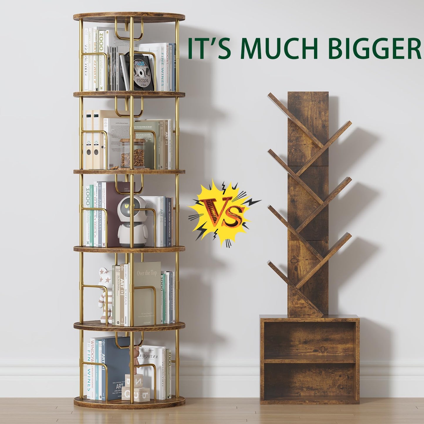 5Tier Rotating Bookshelf, 360 ° Display Stackable Spinning Bookshelf Tower,Round Space Saving Tall Floor Standing Swivel Bookcase Corner Storage Organizer for Bedroom/Living Room/Office，Gold