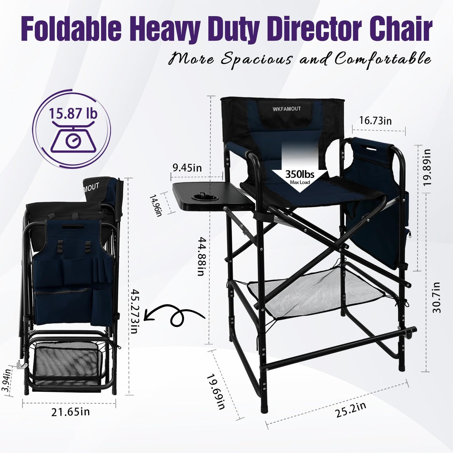 WKFAMOUT Tall Folding Directors Chair with Side Table 30.71" Seat Height Foldable Camping Chair Bar Stool for Makeup Artist Face Painting with Footrest and Storage Pocket Supports 350LBS