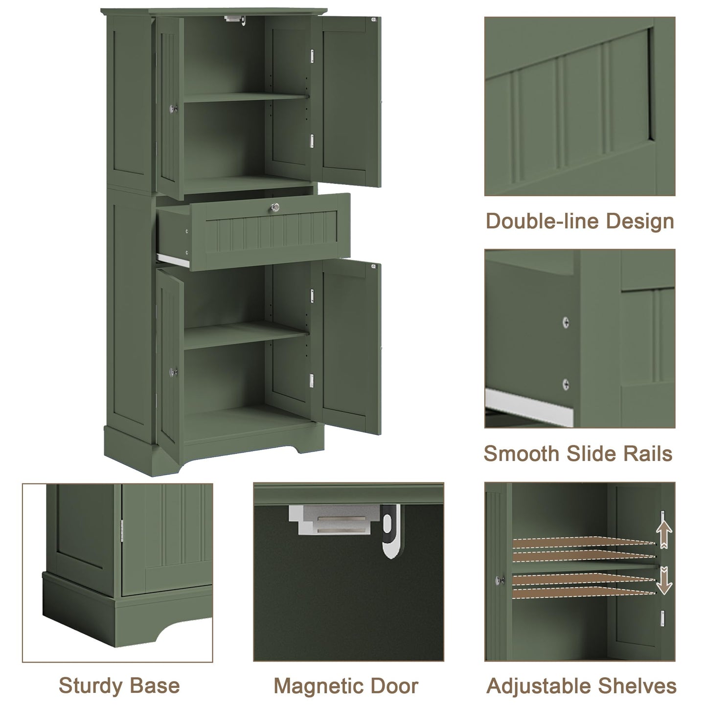 ChooChoo 51" H Tall Bathroom Floor Cabinet, Modern Bathroom Storage Cabinet with Drawer and Adjustable Shelves, Freestanding Kitchen Pantry Cupboard with 4 Doors for Living Room, Green