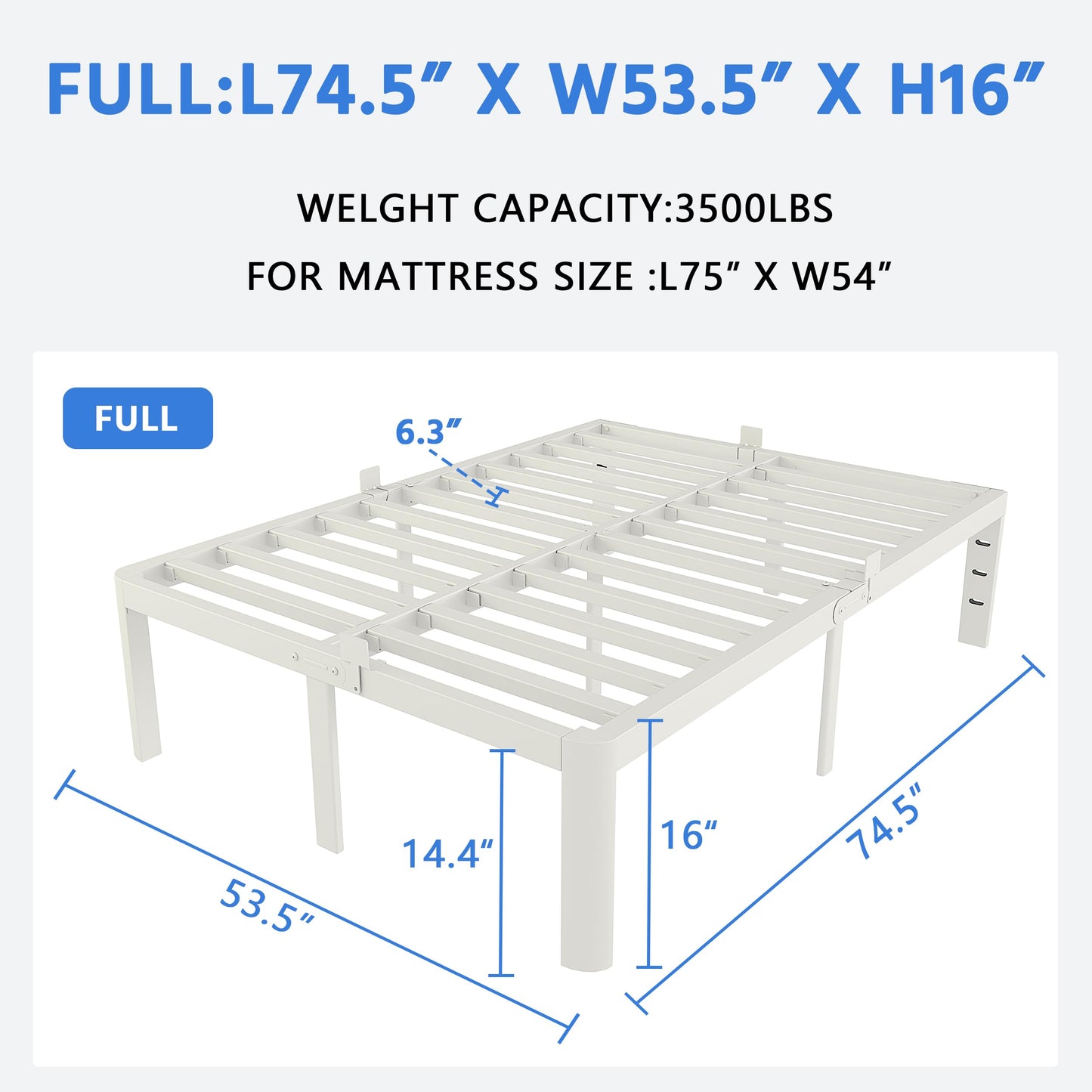 KZZLOL White Full Size Bed Frame 16 Inch, Metal Full Bed Frame No Box Spring Needed, Heavy Duty Steel Support 3500 LBS, DIY Headboard, Noiseless, Round Corner Legs, Storage Space, Easy Assembly