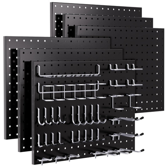 INCLY 90PCS Pegboard Wall Organizer, 6 Pack Metal Peg Board Panels with 1/4" Pegboard Hooks Accessories Kit, Black Peg Board for Walls Home, Garage Tool Storage, Workbench Organization