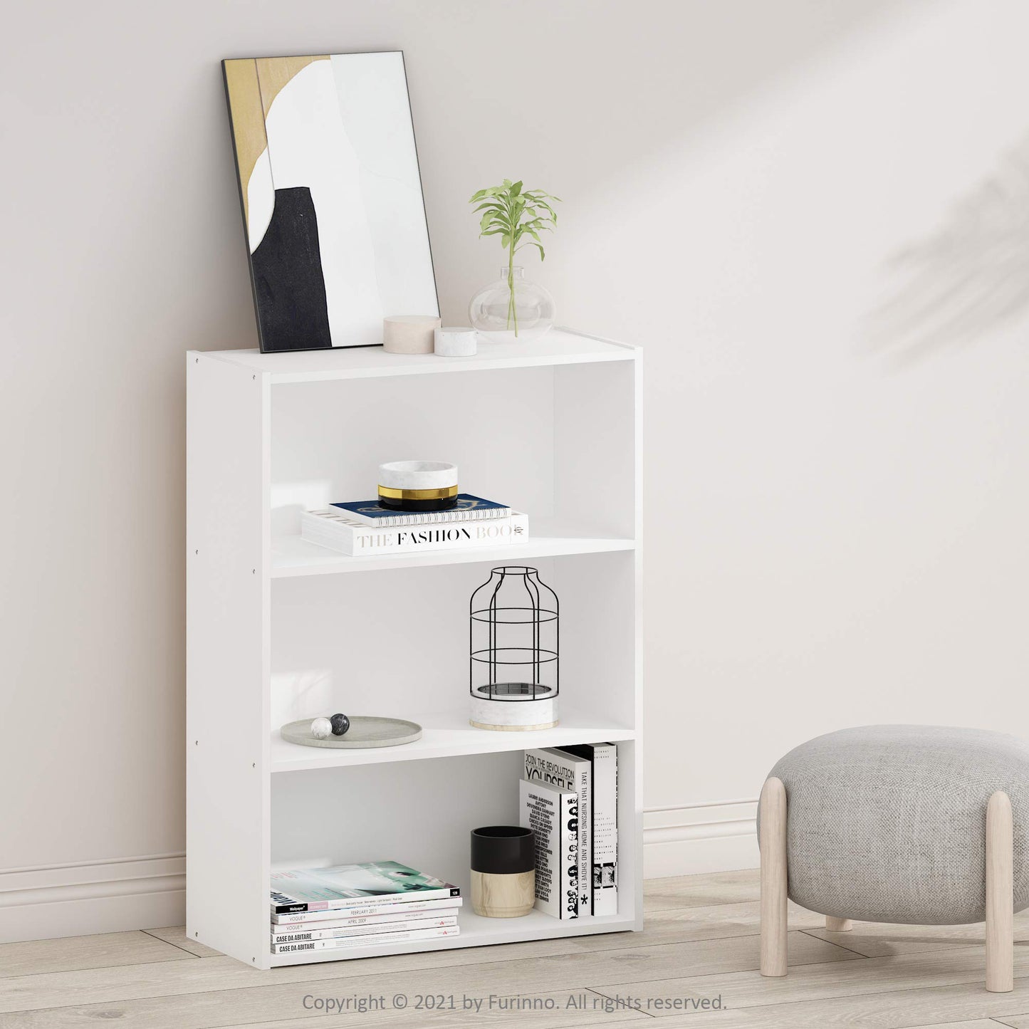 Furinno PASIR Book Shelf, 3-Tier Bookshelf, Storage Shelves Bookcase, 9.7 x 23.7 x 31.5, for Living Room, Bedroom, Home Office, Plain White
