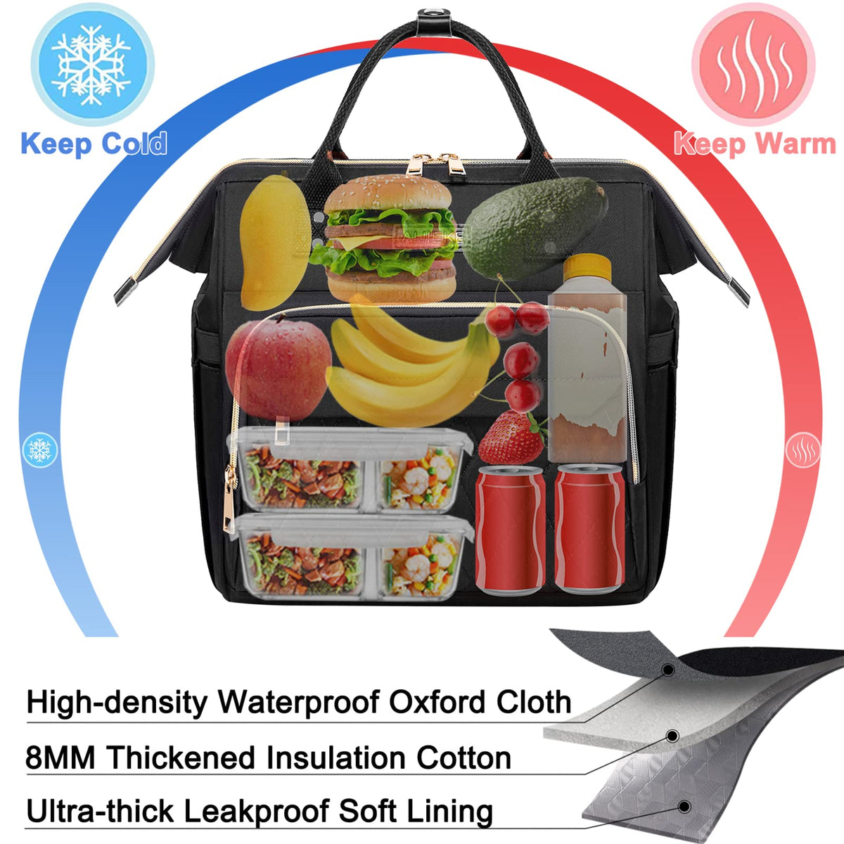 AIJIEKE Large Insulated Lunch Bag for Women, Stylish Leakproof Lunch Box for Work with Multi-Pockets & Adjustable Strap, Reusable Thermal Lunch Tote Cooler for Adult, Picnic, Beach, Black