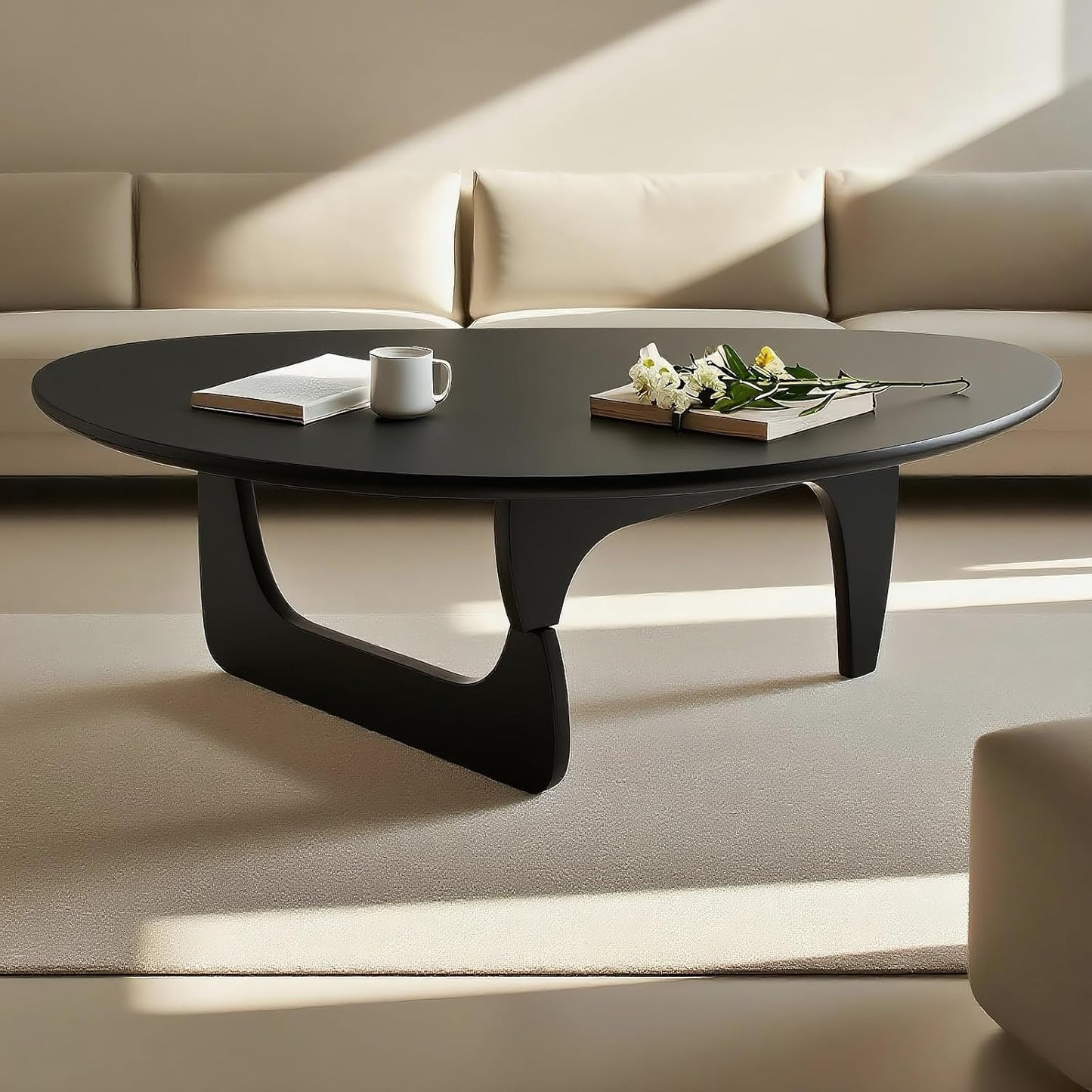Solid Wood Triangle Coffee Table,Unique Mid Century Modern Oval Coffee Table,Irregular Geometric Tea Tables for Home Living Room with Wooden Tabletop and Reinforced Legs Black 35" L x 24" W x 16" H