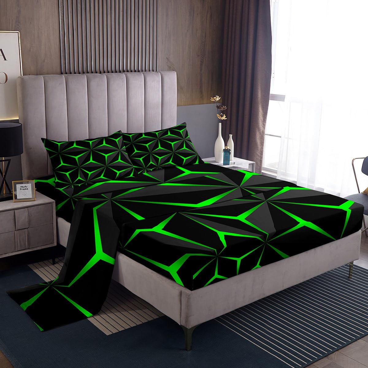 Feelyou Neon Honeycomb Sheet Set Twin Size,Geometric Stereoscopic Theme Teens Boys Bedding Set,Adults Bedroom Decoration 3D Green Print Fitted Sheet All Season